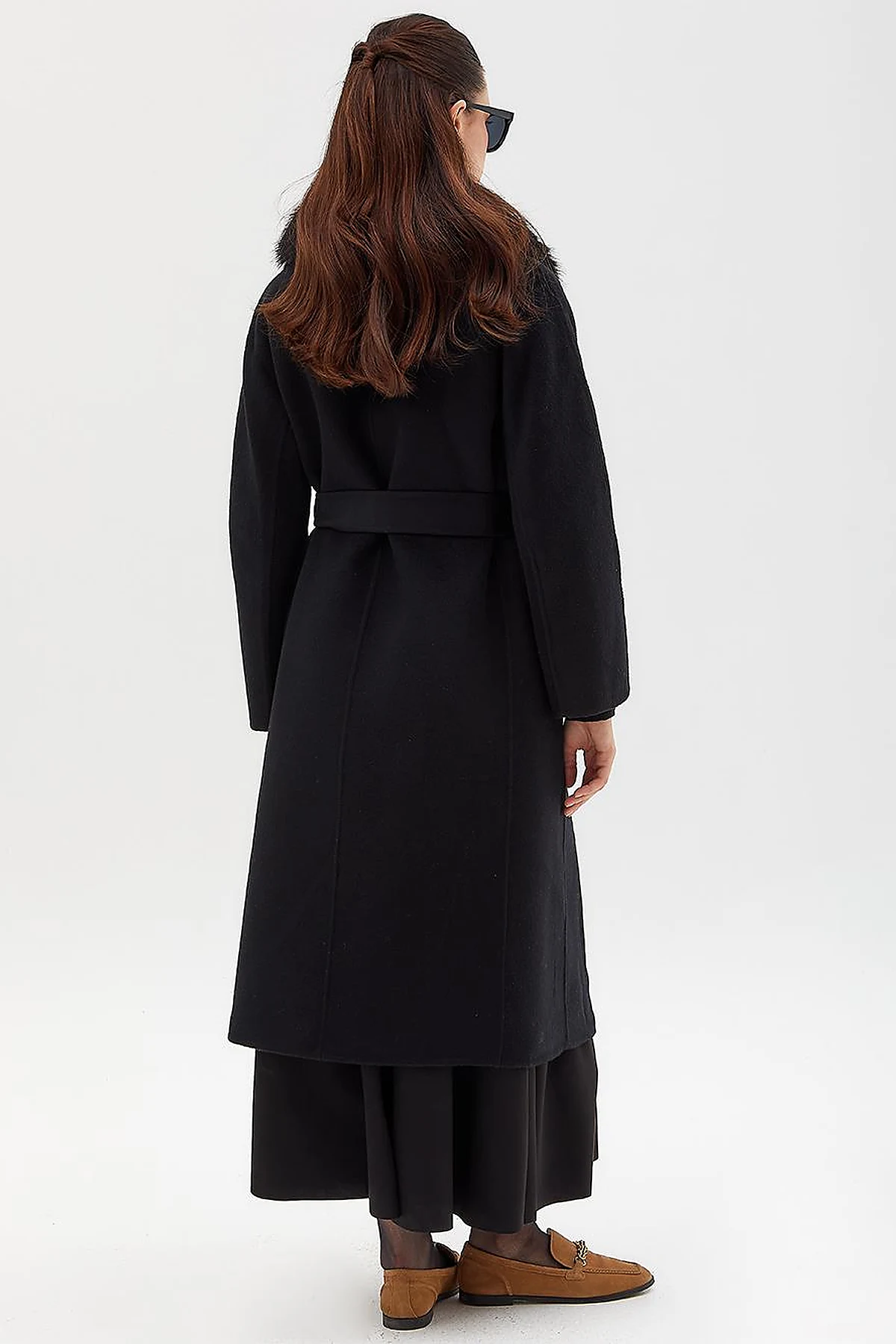 Premium Wool Fur Double Breasted Button Coat Black