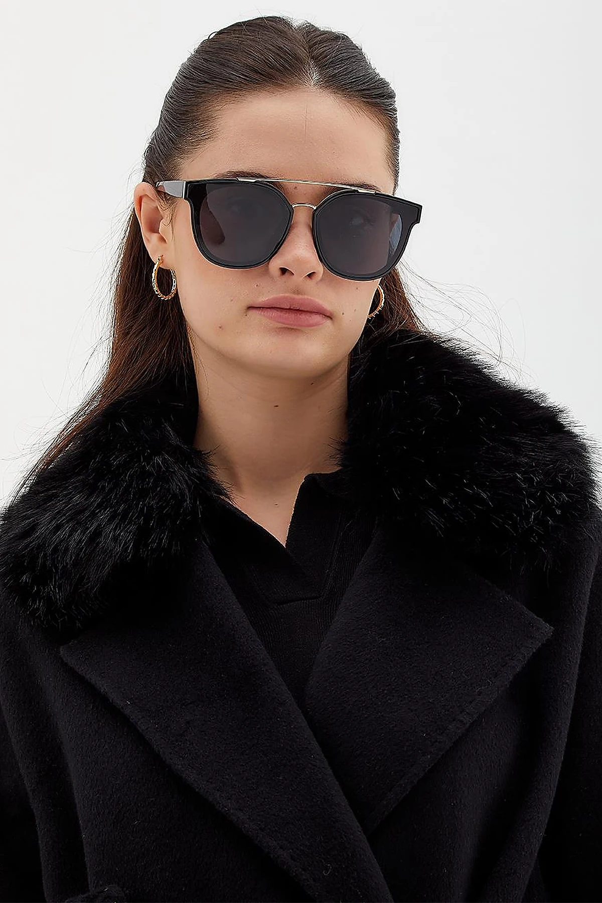 Premium Wool Fur Double Breasted Button Coat Black