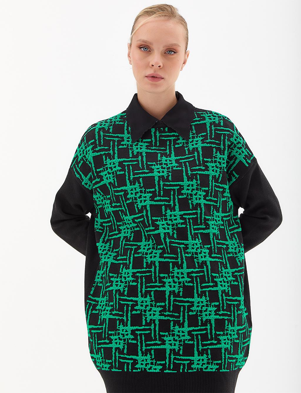 Abstract Patterned Crew Neck Knitwear Tunic Black