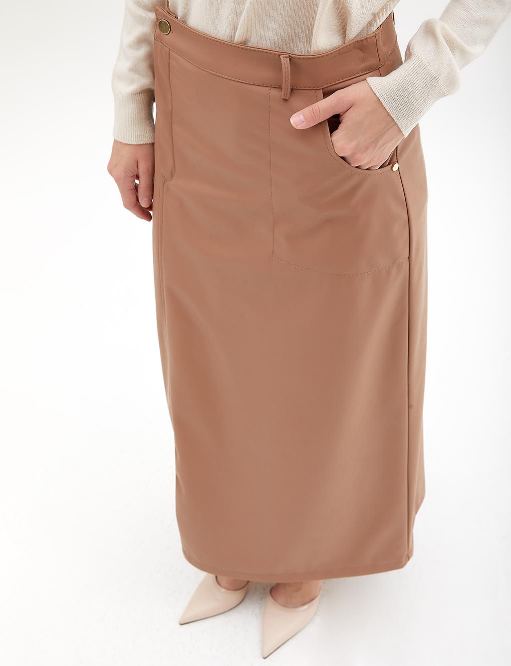 Faux Leather Slit Skirt Beige