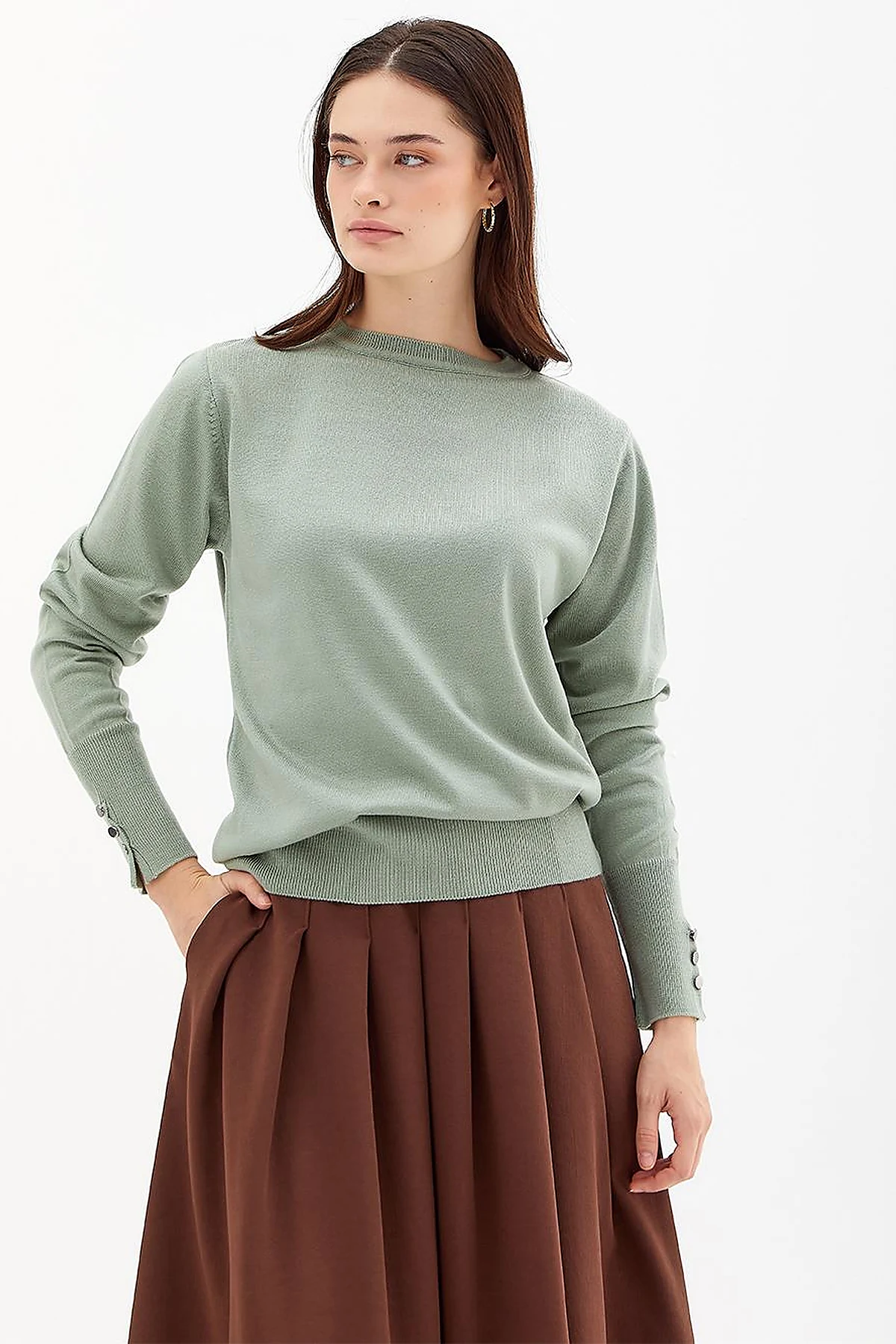 Round Neck Collar Knitwear Sweater Moss Green