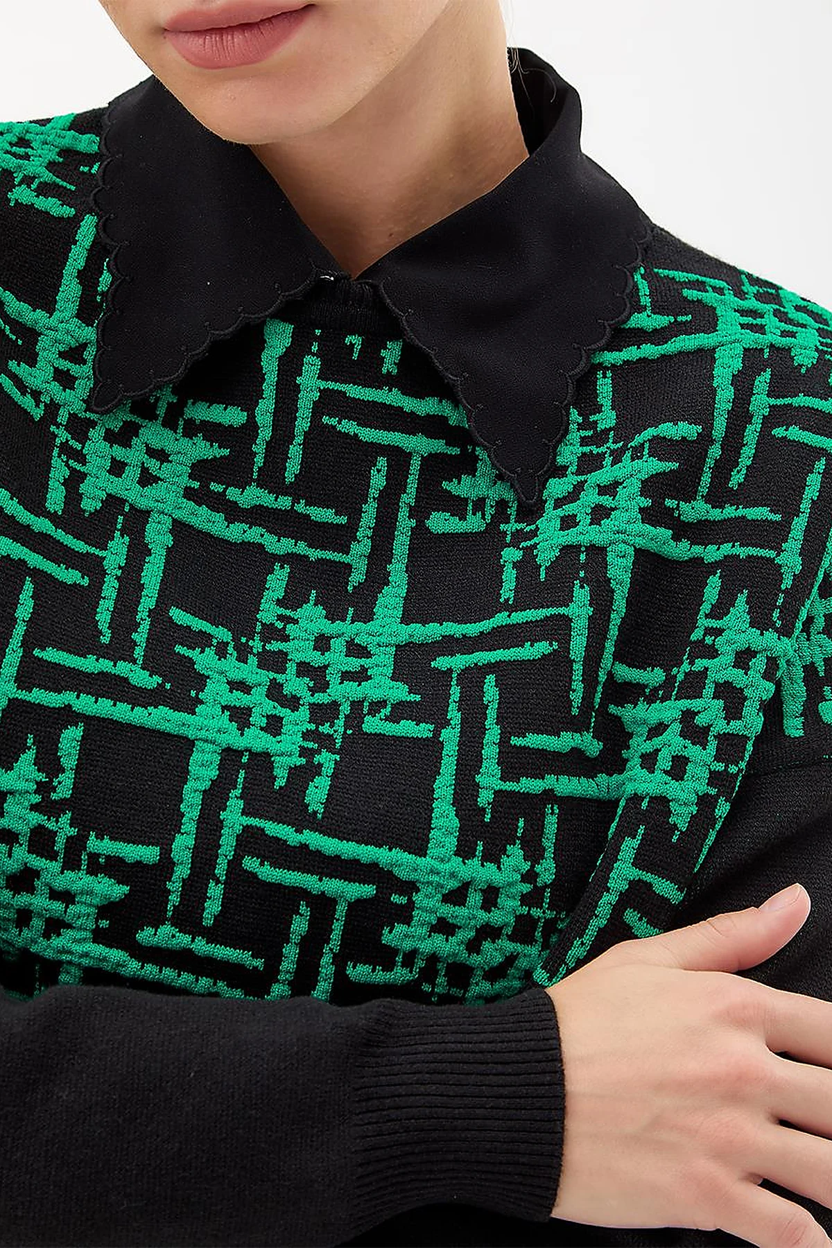 Abstract Patterned Crew Neck Knitwear Tunic Black