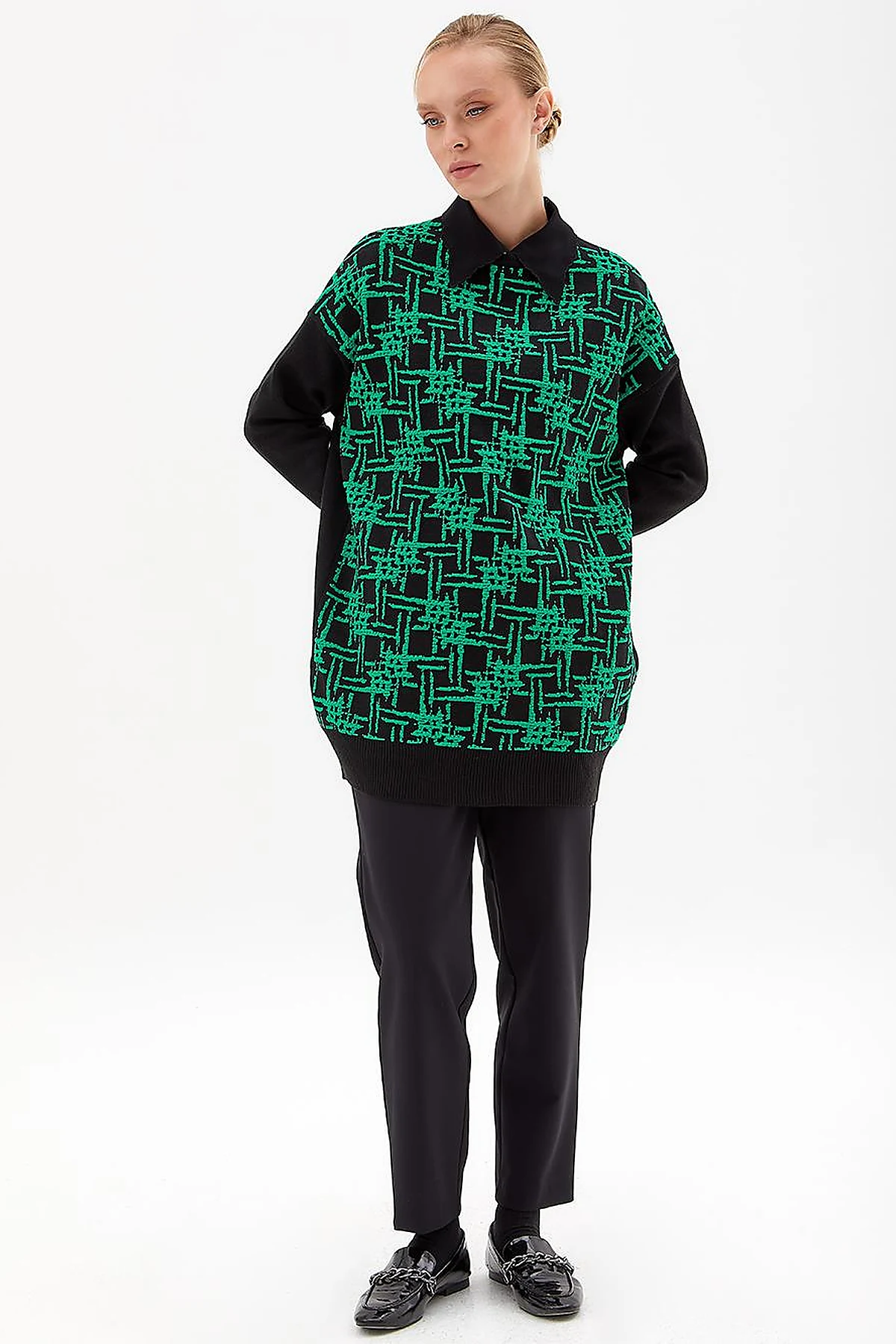 Abstract Patterned Crew Neck Knitwear Tunic Black