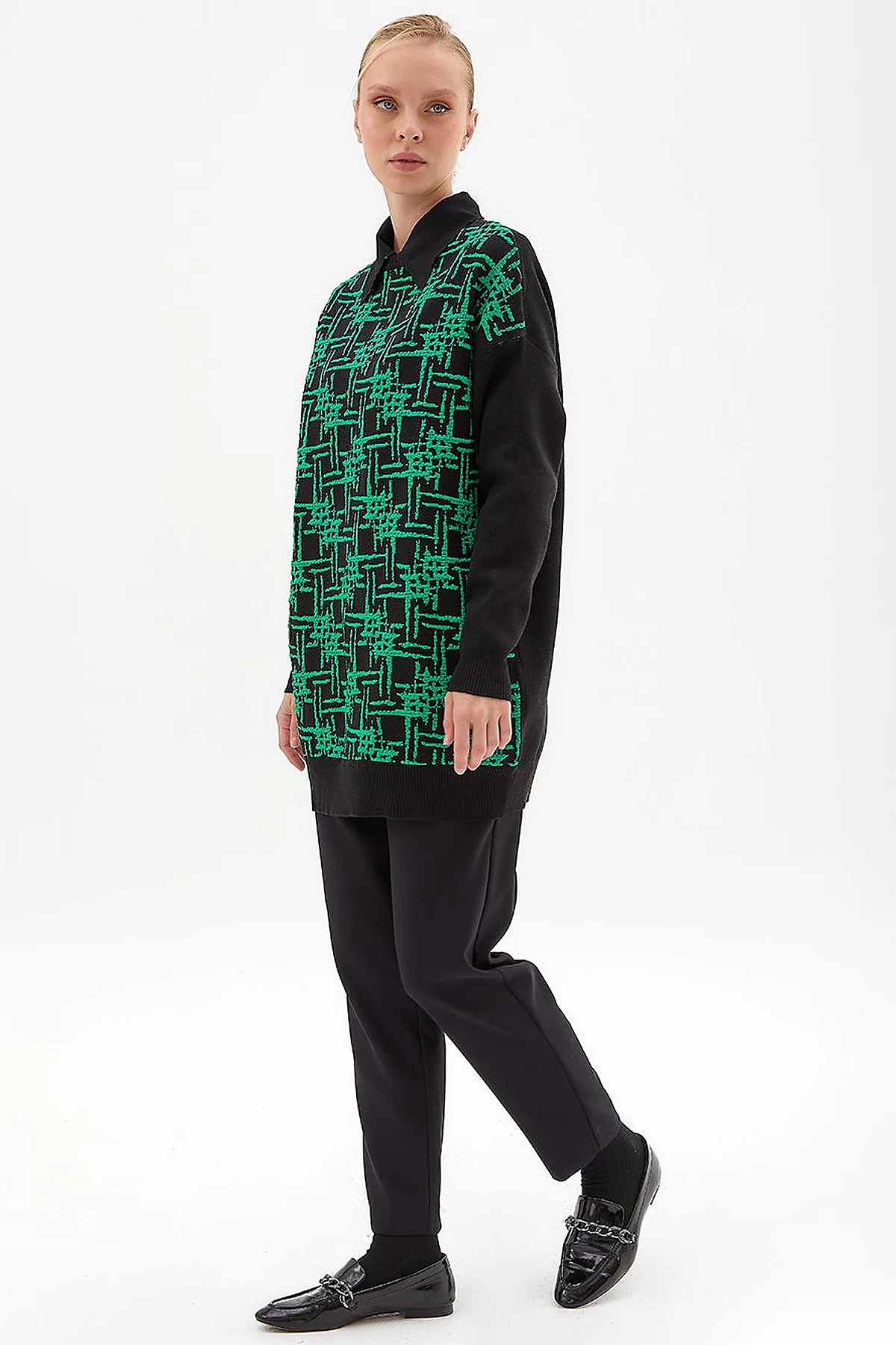 Abstract Patterned Crew Neck Knitwear Tunic Black