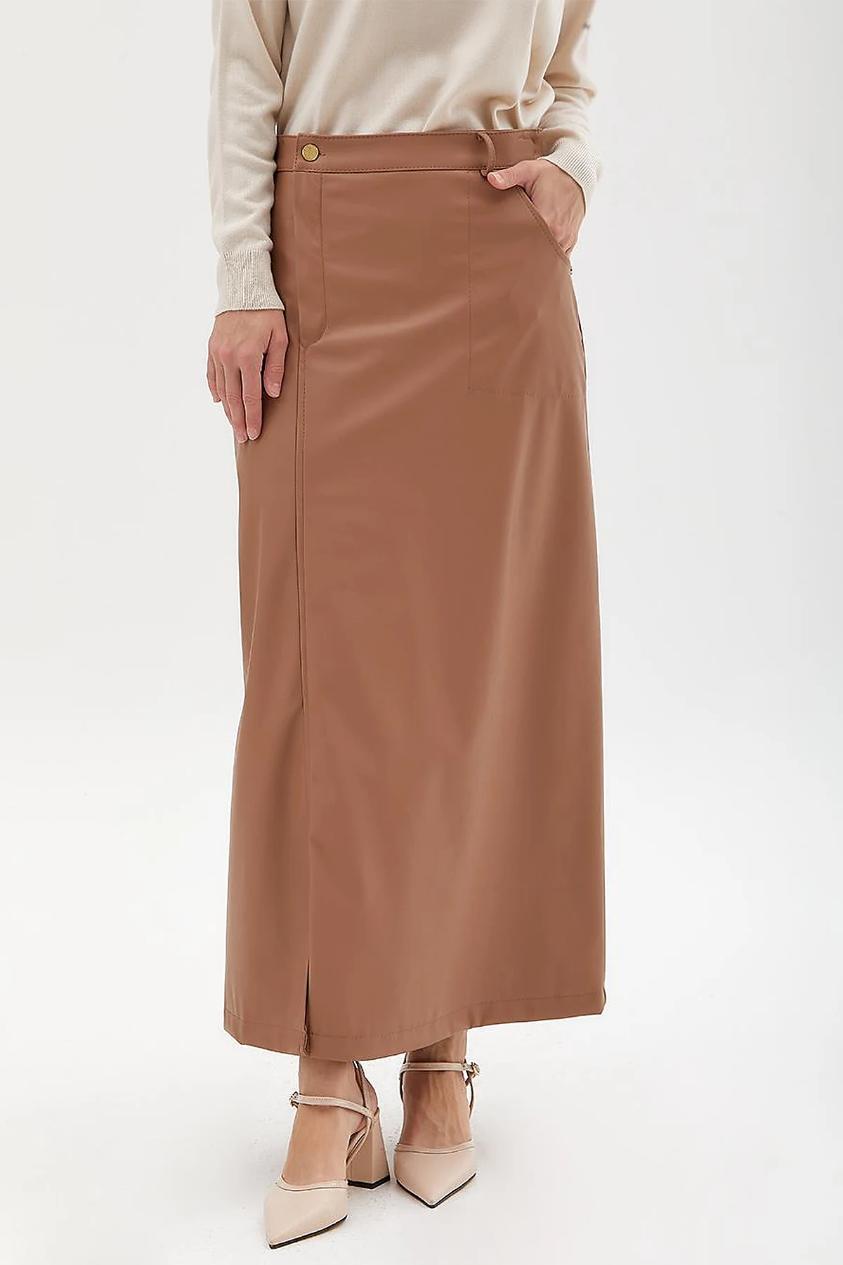 Faux Leather Slit Skirt Beige