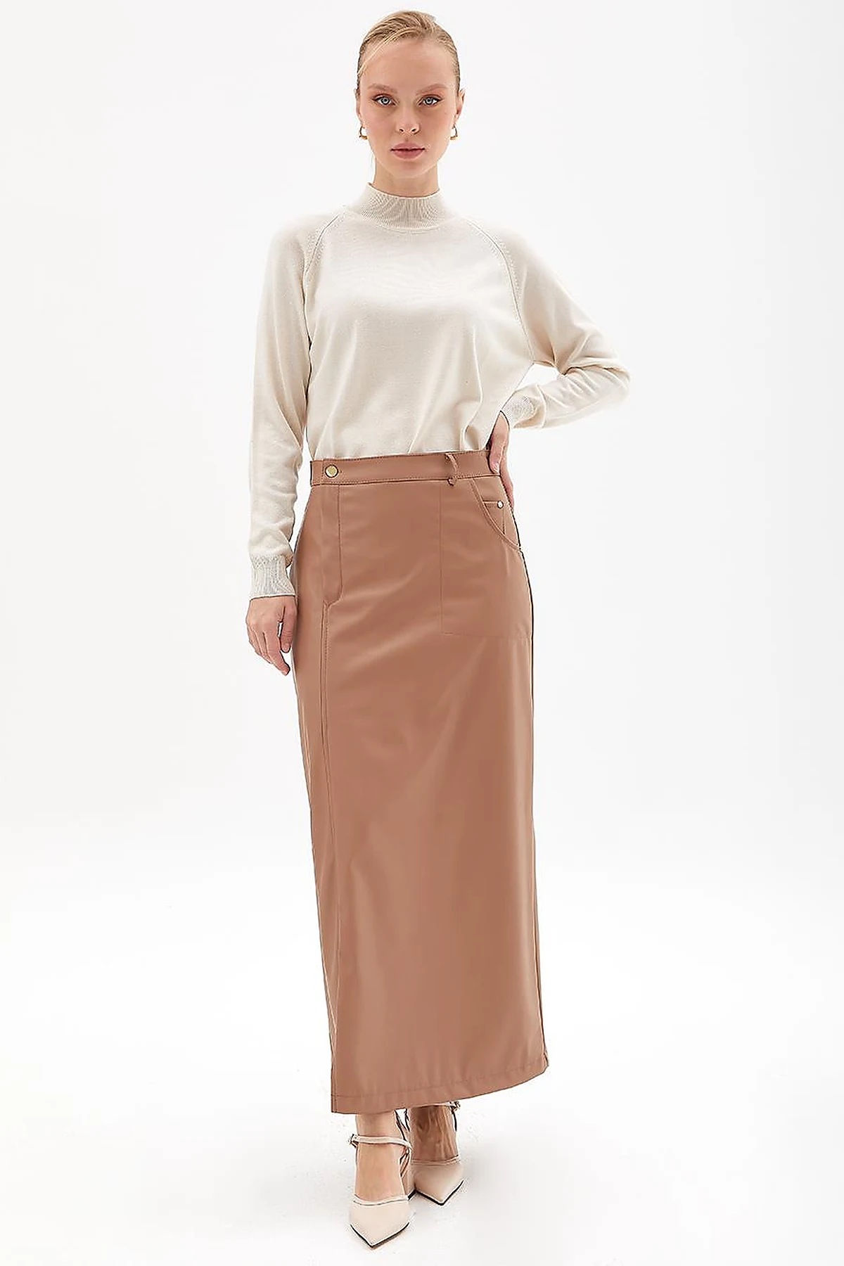 Faux Leather Slit Skirt Beige
