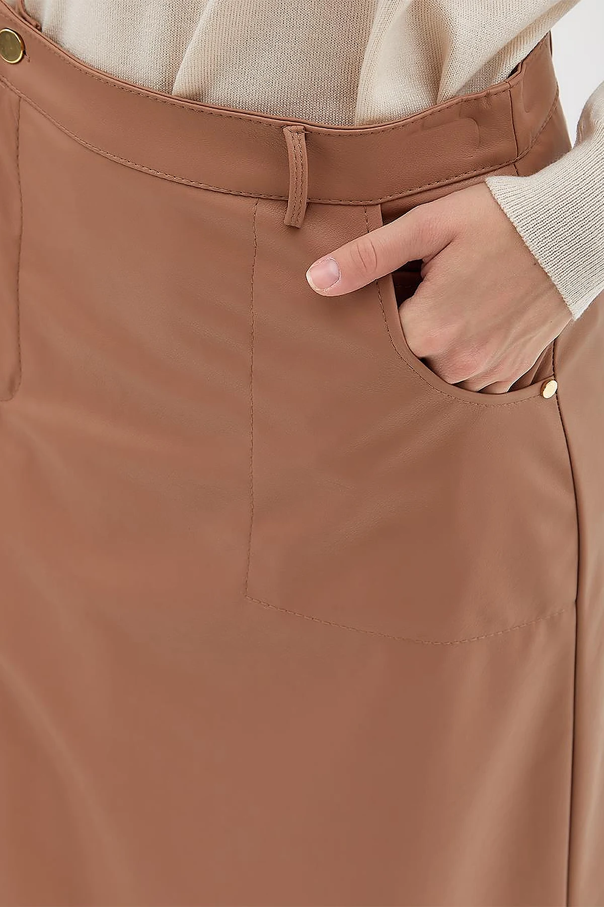 Faux Leather Slit Skirt Beige