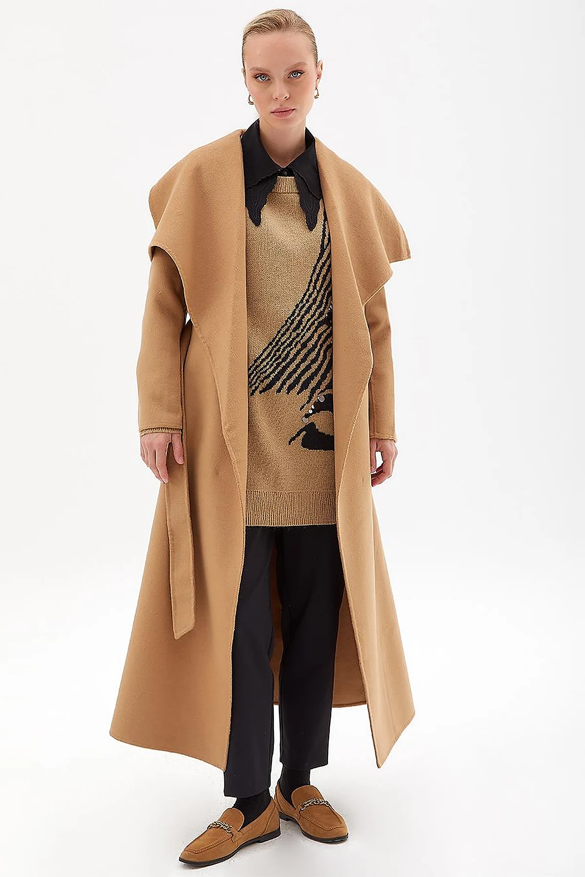 Premium Wool Wide Lapel Cashmere Coat Camel