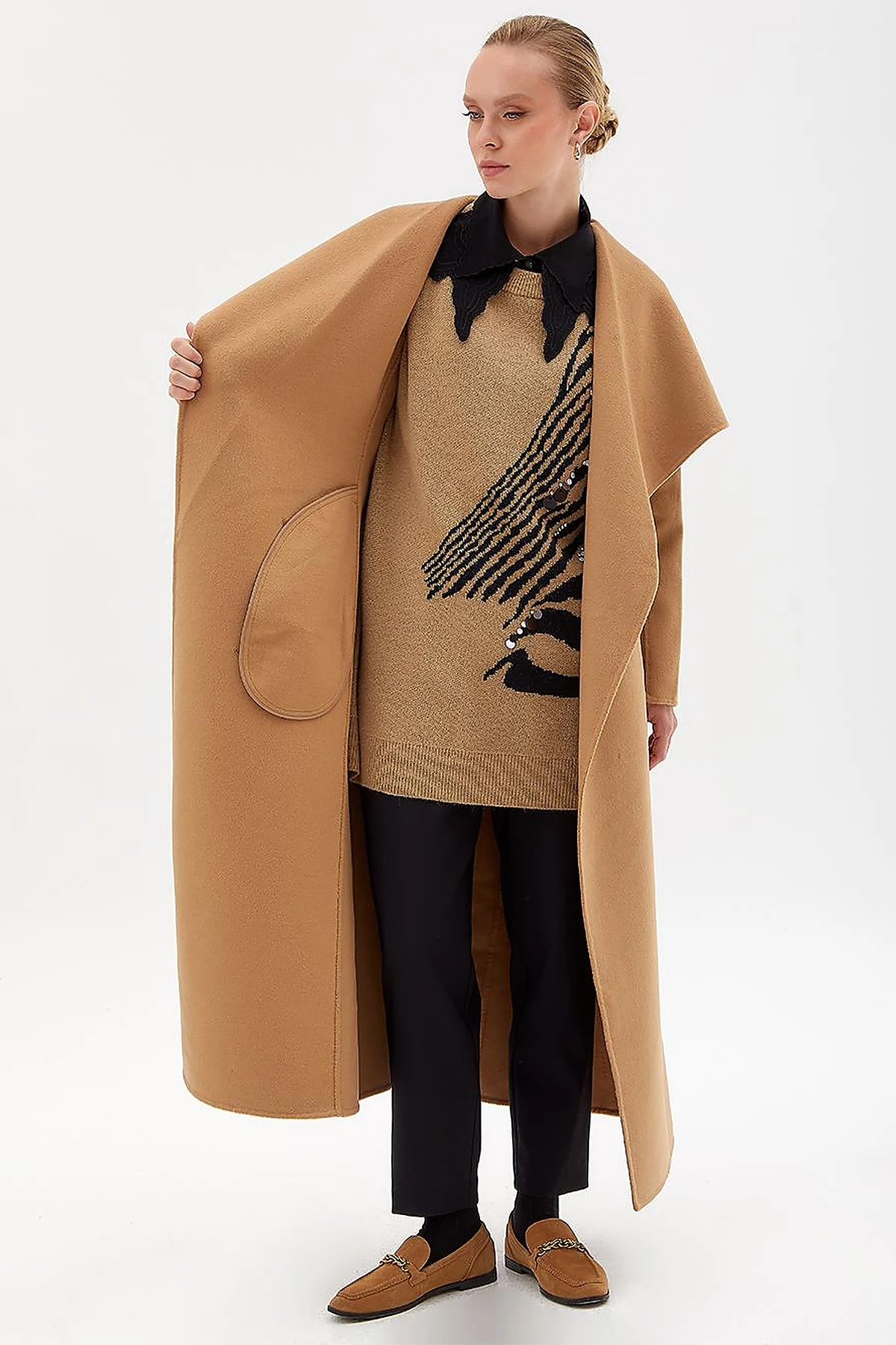 Premium Wool Wide Lapel Cashmere Coat Camel