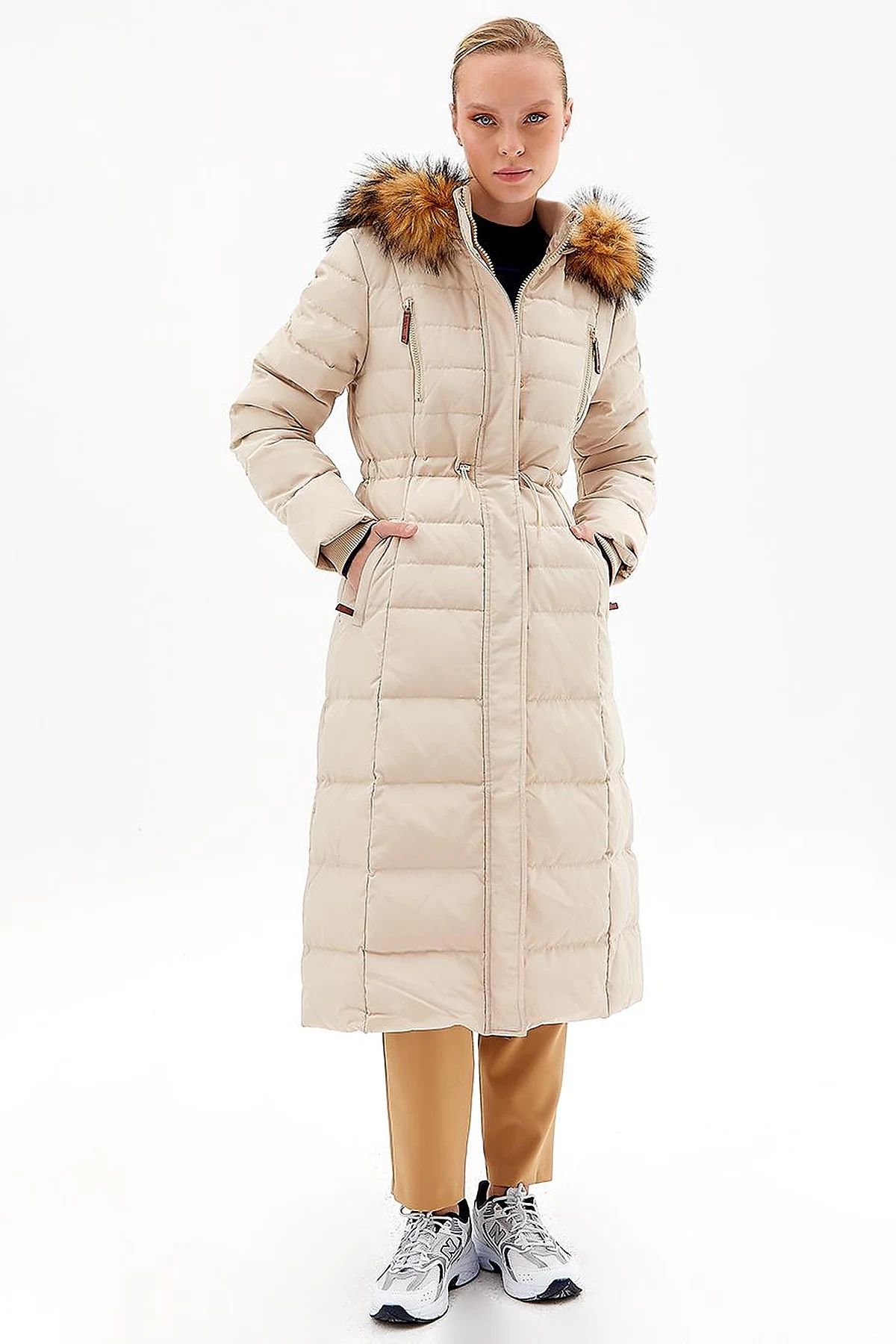 Goose Feather Filled Long Coat Cream
