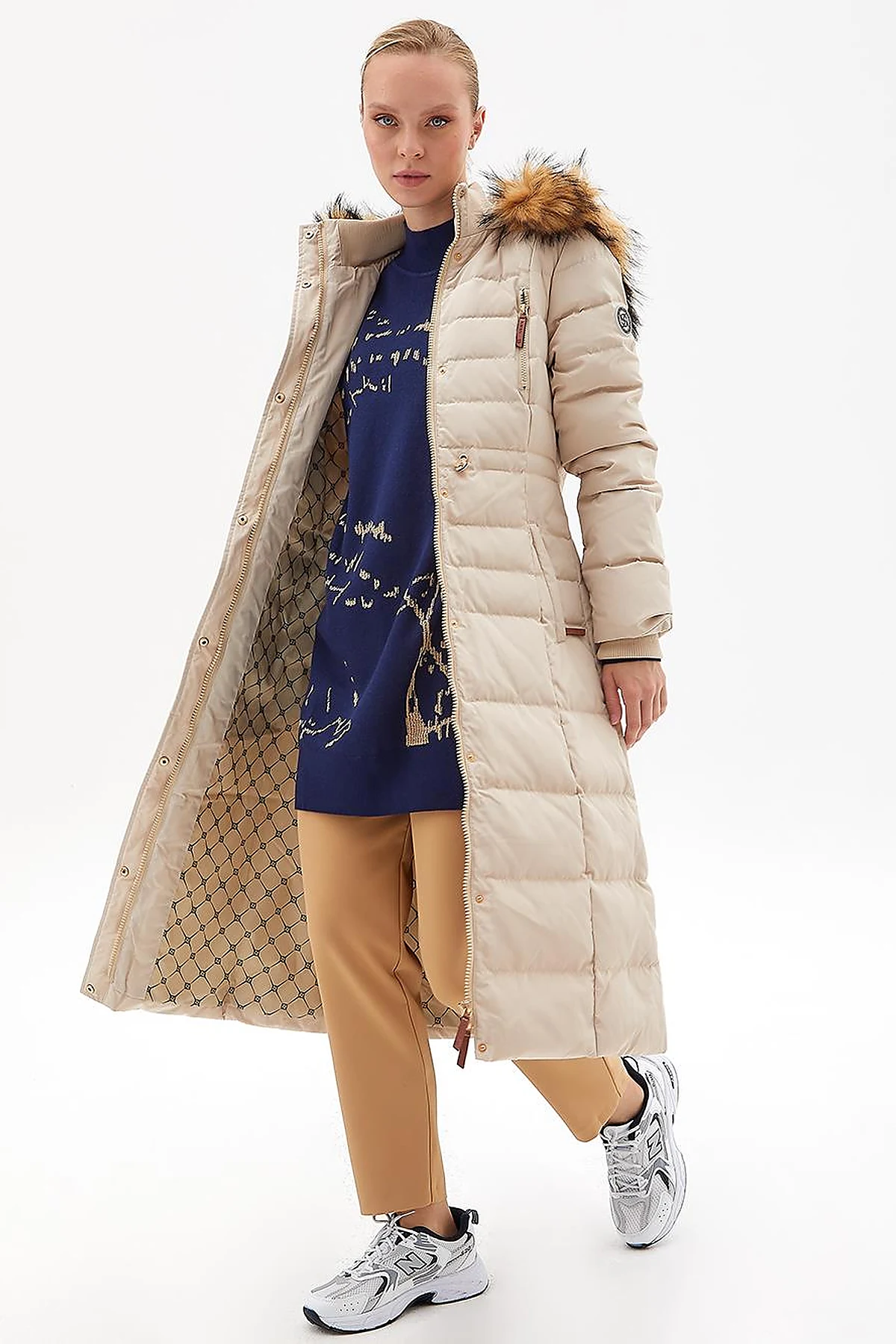 Goose Feather Filled Long Coat Cream