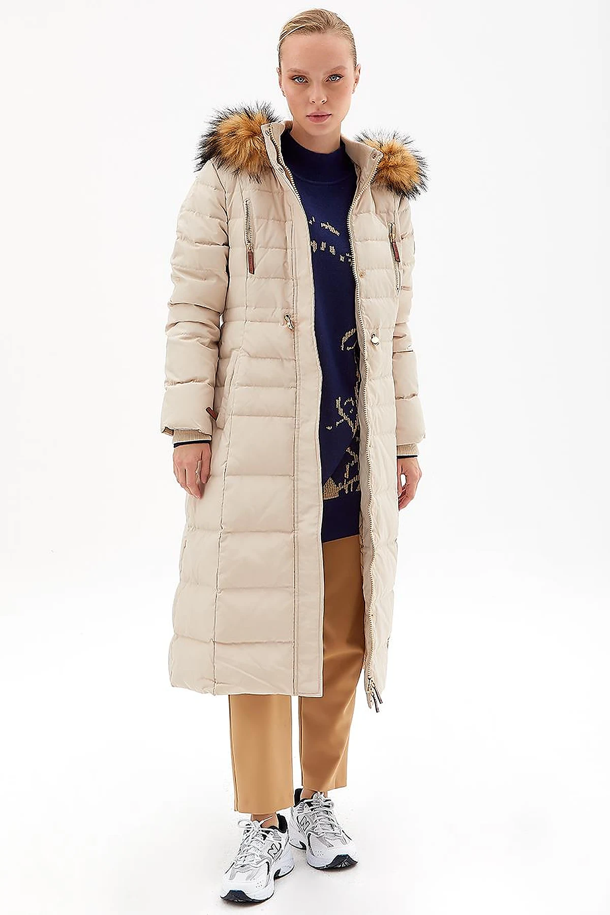 Goose Feather Filled Long Coat Cream