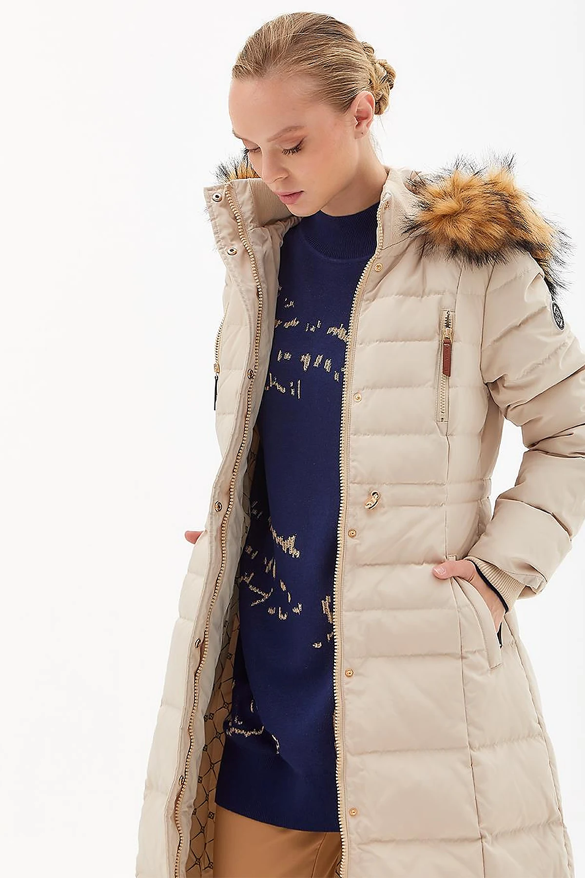 Goose Feather Filled Long Coat Cream