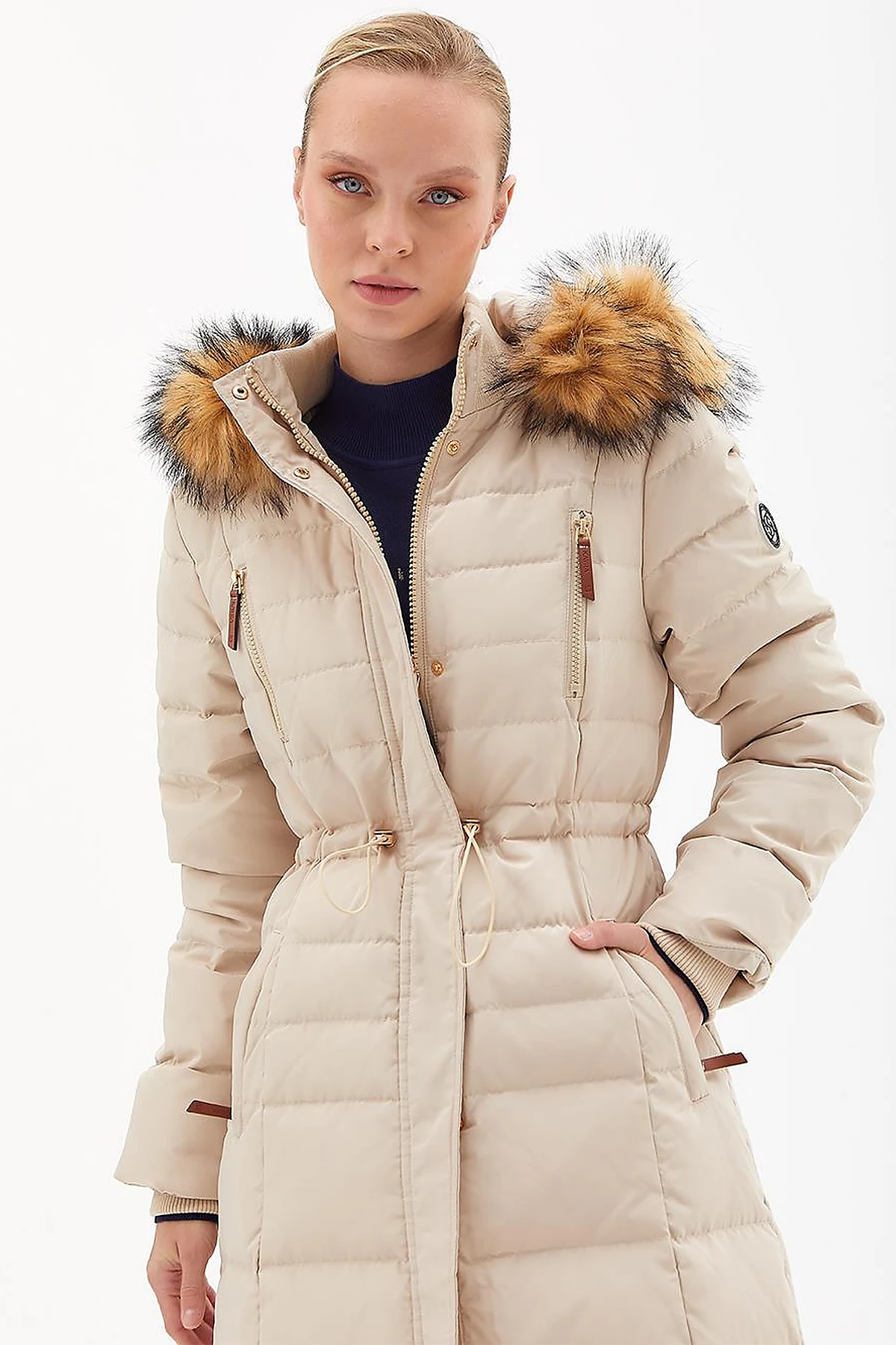 Goose Feather Filled Long Coat Cream