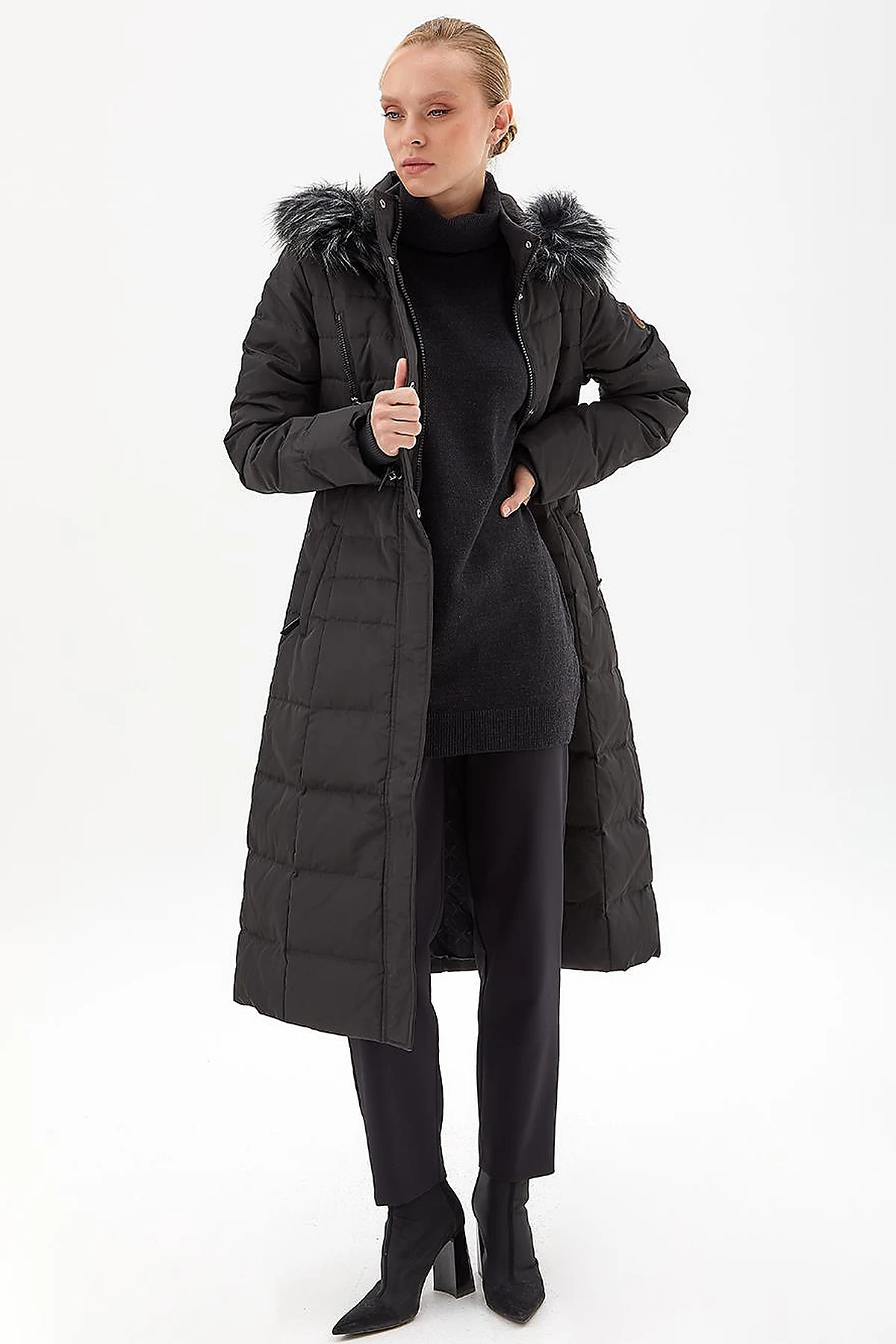 Goose Feather Filled Long Coat Black