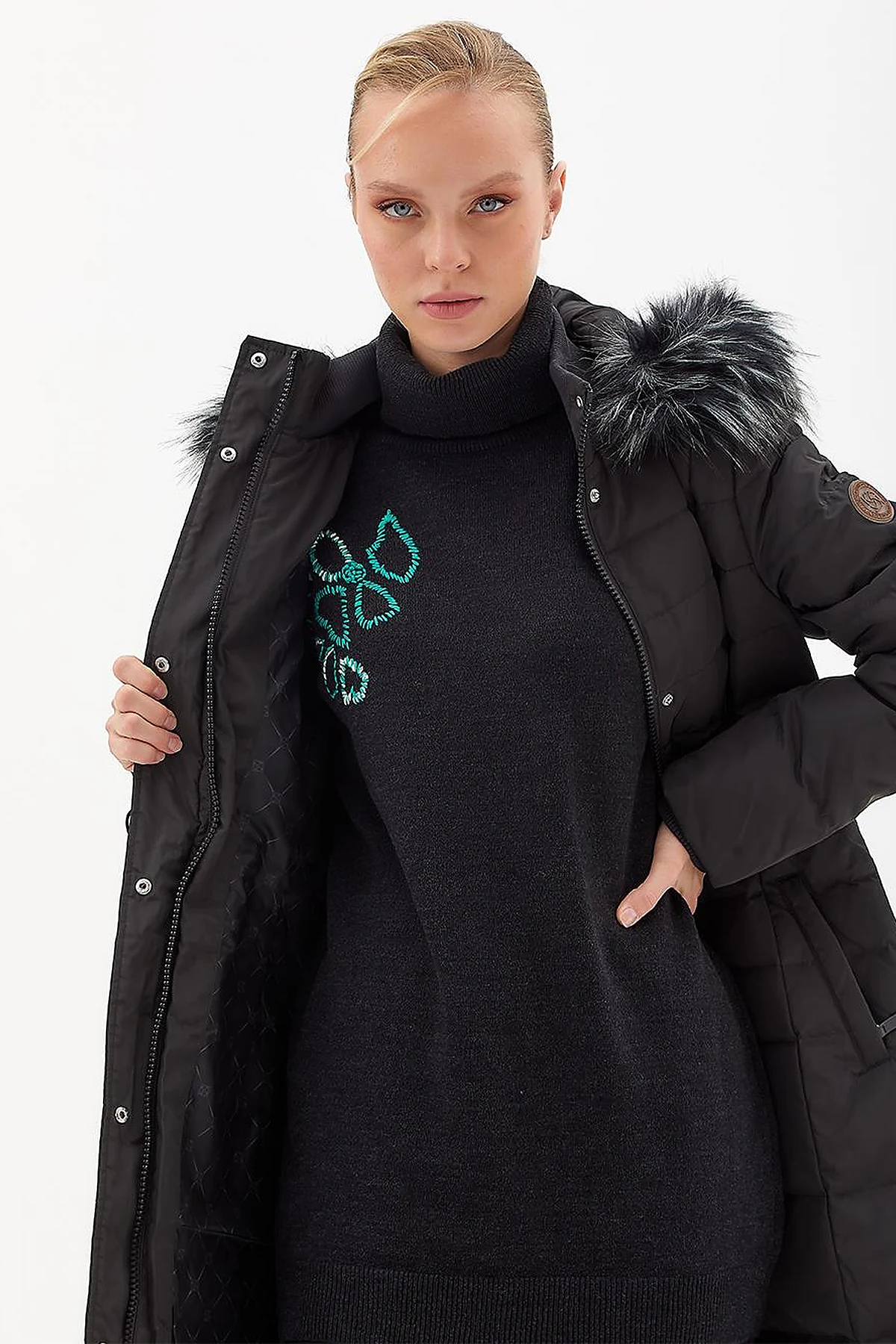 Goose Feather Filled Long Coat Black