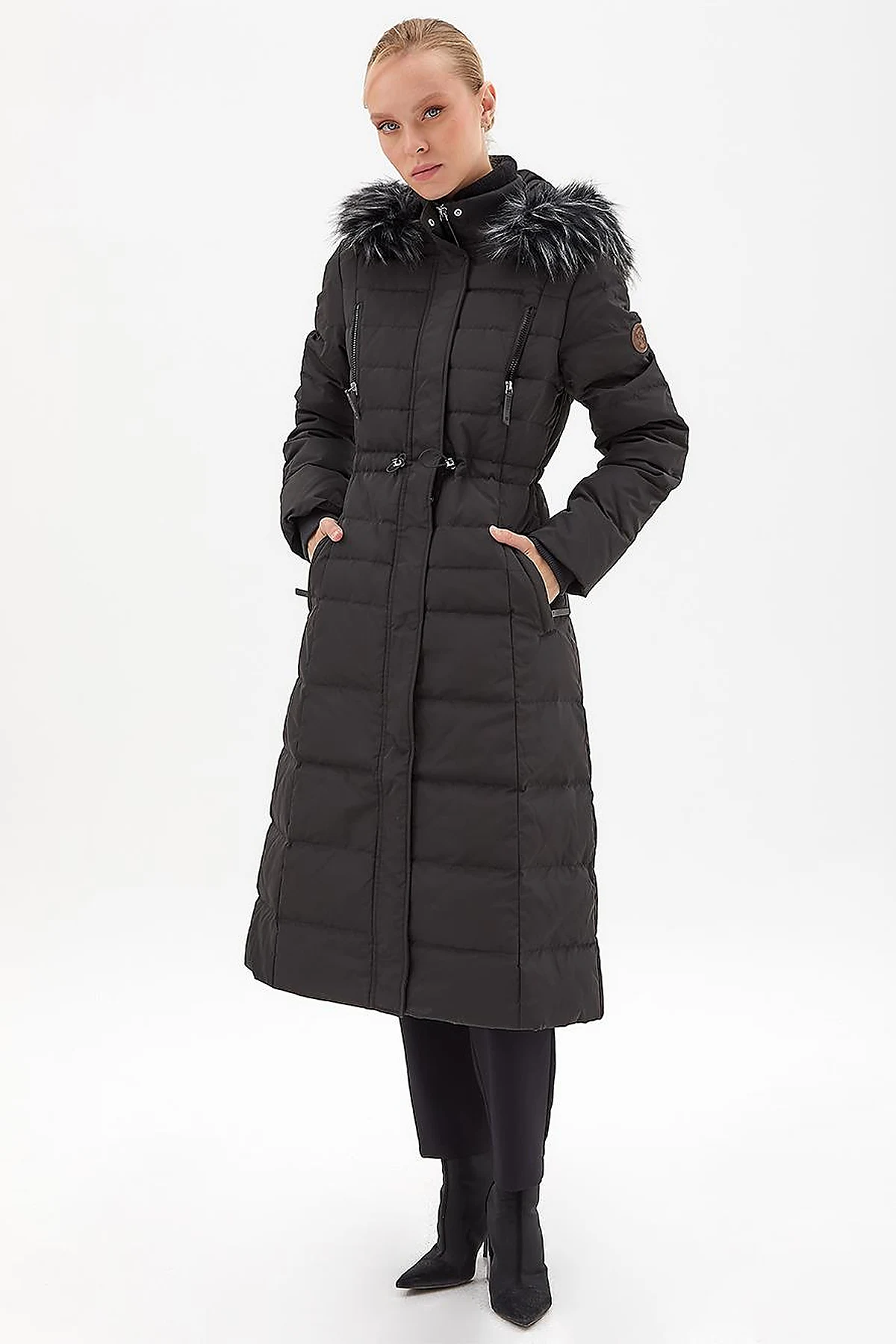Goose Feather Filled Long Coat Black