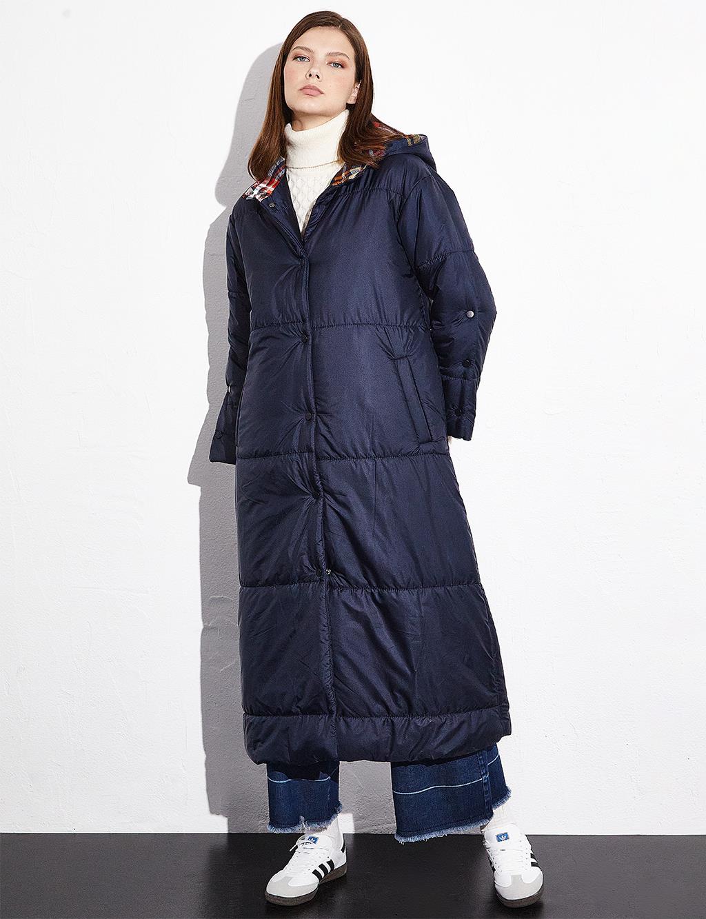 Long Puffer Jacket with Snap Closure Dark Navy Blue