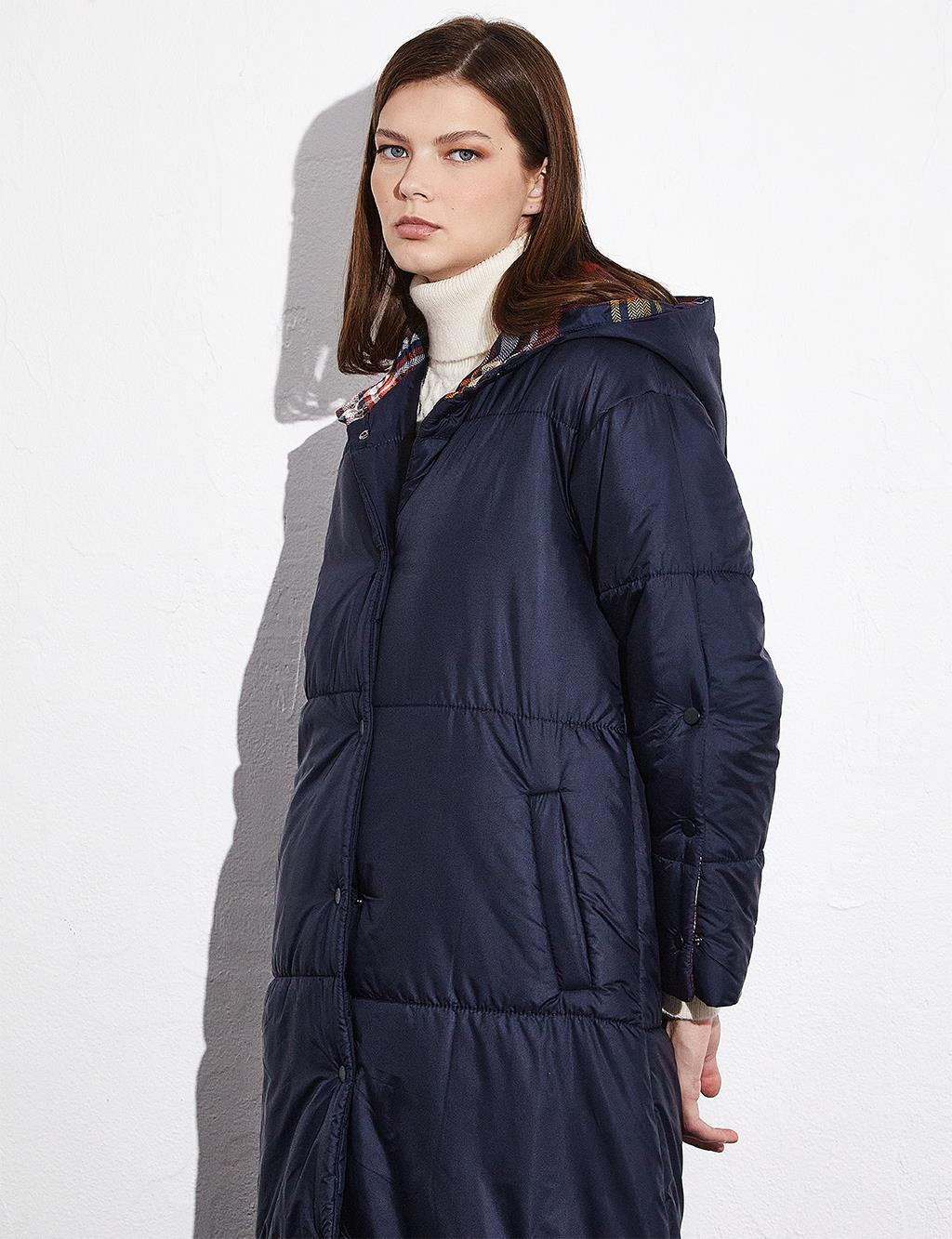 Long Puffer Jacket with Snap Closure Dark Navy Blue