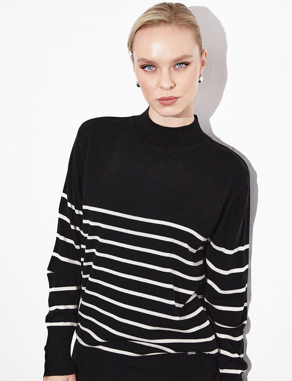 Turtleneck Striped Knitwear Blouse Black Optical White