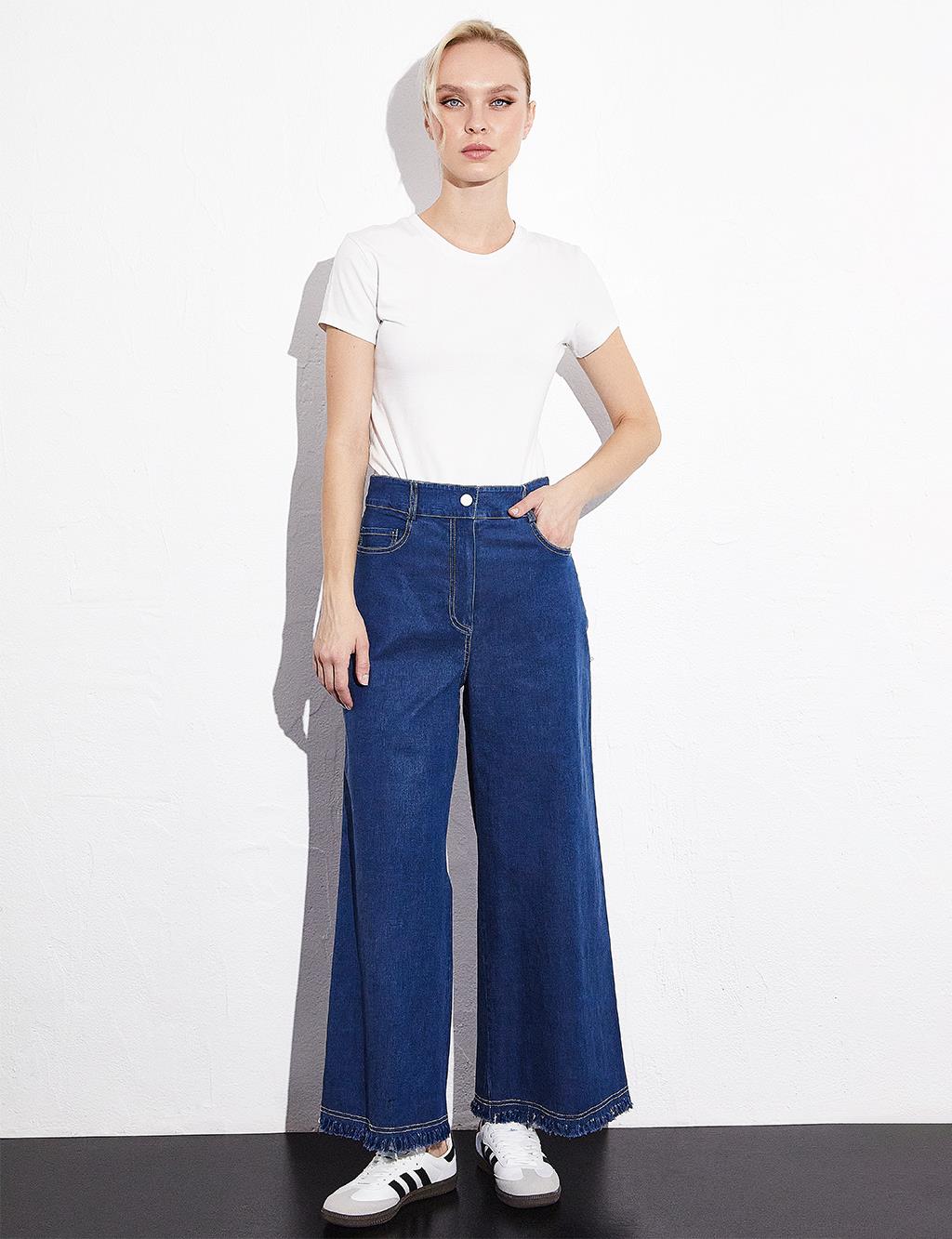 Tasseled Wide Leg Denim Trousers Navy Blue