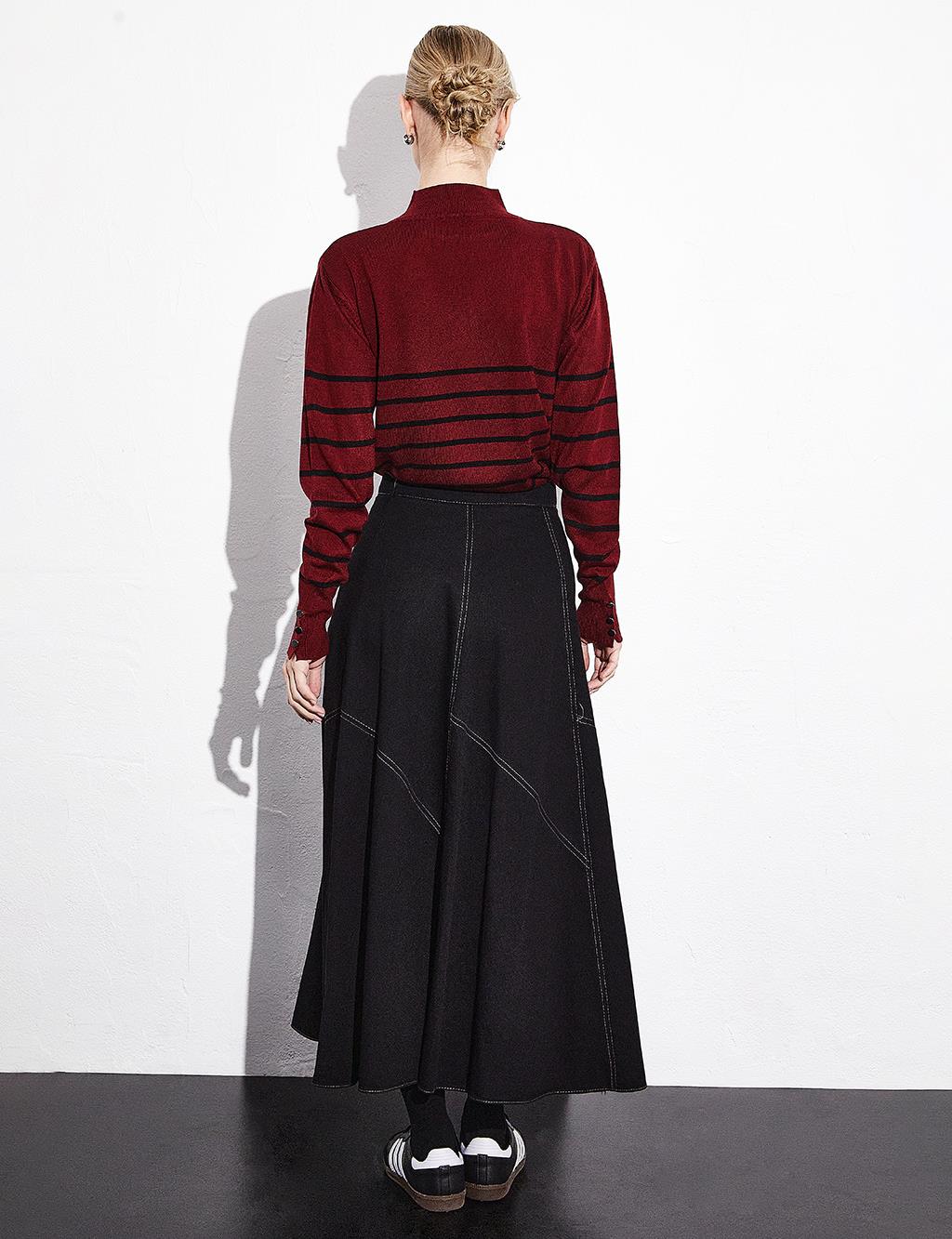 Turtleneck Striped Knitwear Blouse Claret Red Black