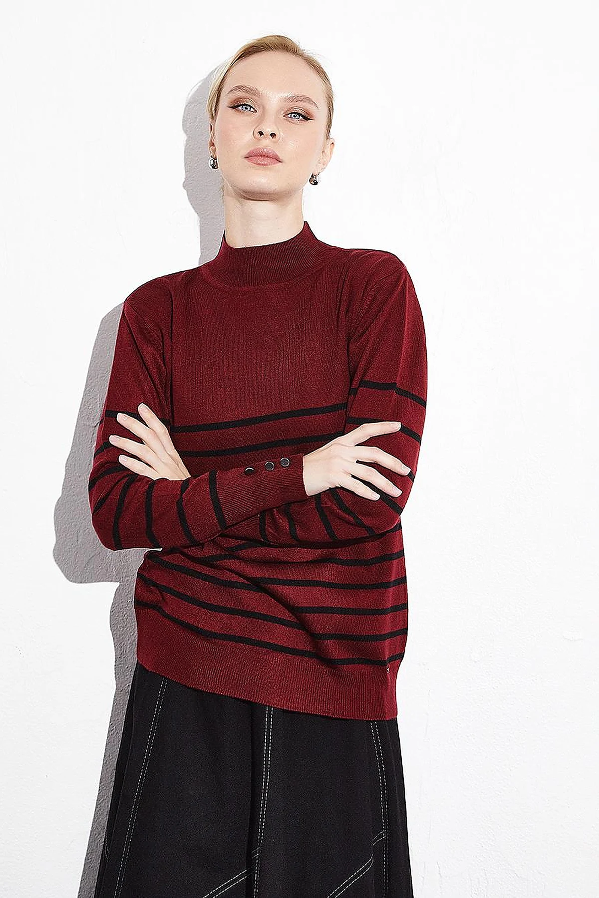 Turtleneck Striped Knitwear Sweater Claret Red Black