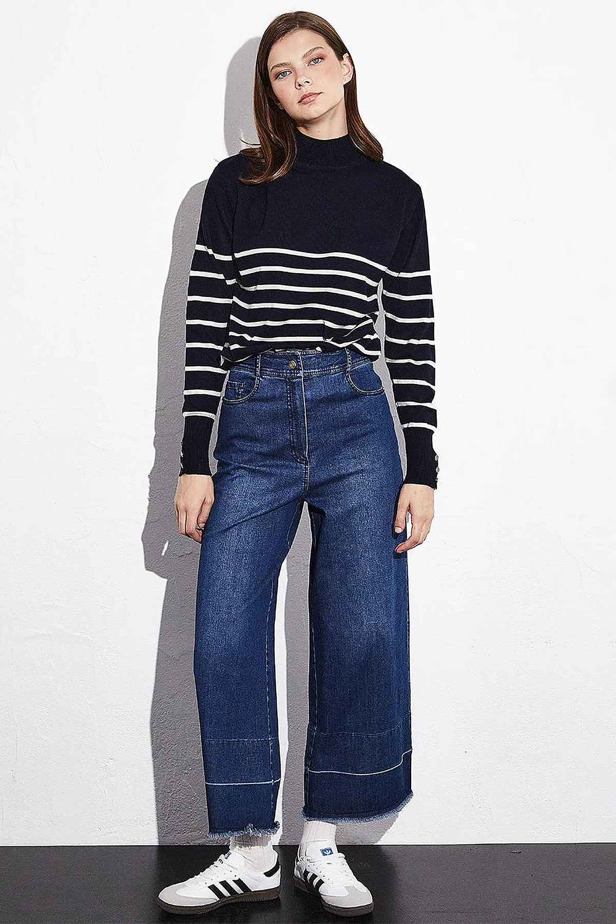 Turtleneck Striped Knitwear Sweater Navy Blue Ecru
