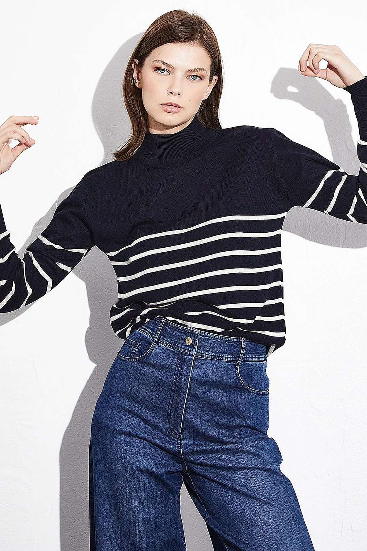 Turtleneck Striped Knitwear Sweater Navy Blue Ecru