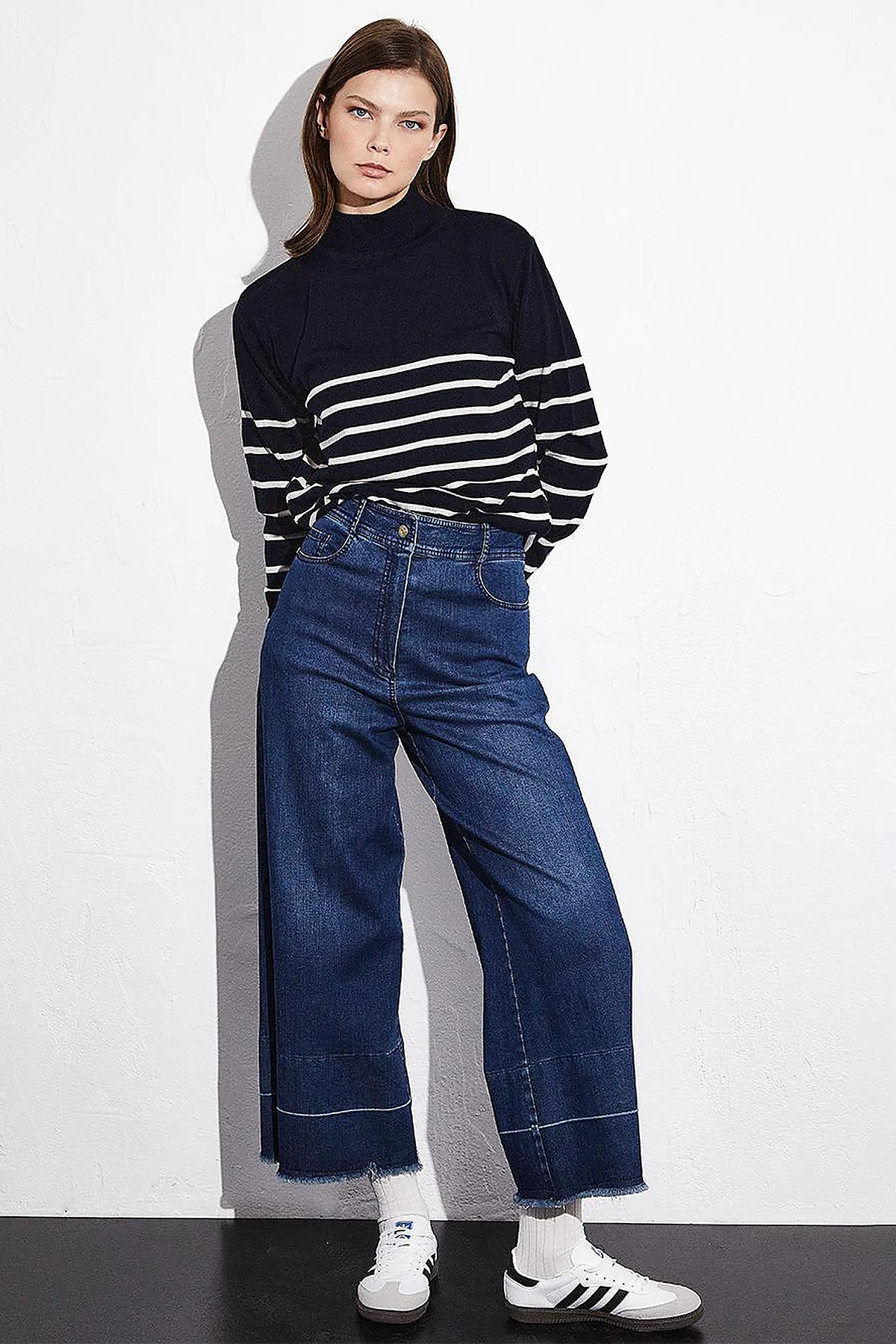 Turtleneck Striped Knitwear Sweater Navy Blue Ecru