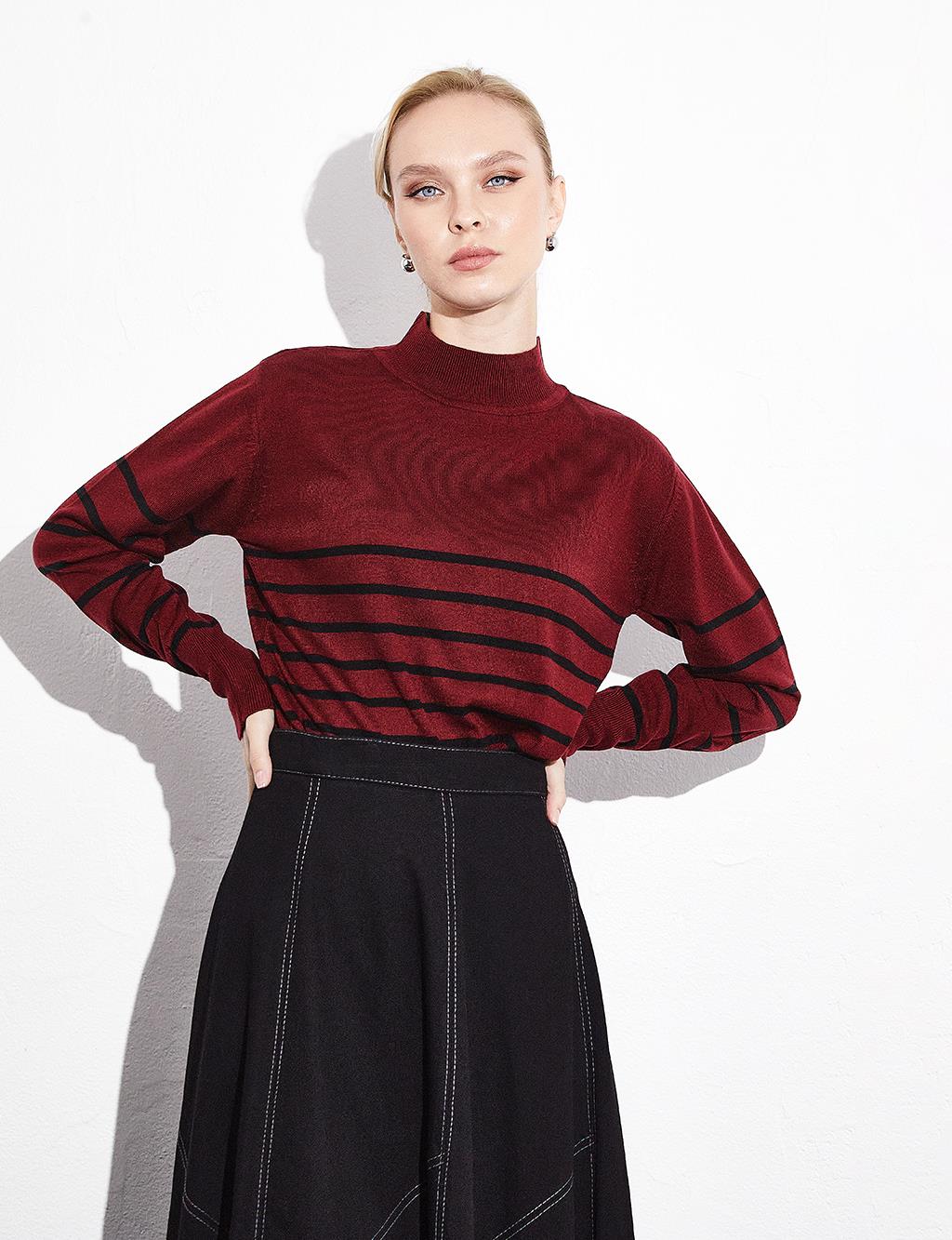 Turtleneck Striped Knitwear Blouse Claret Red Black
