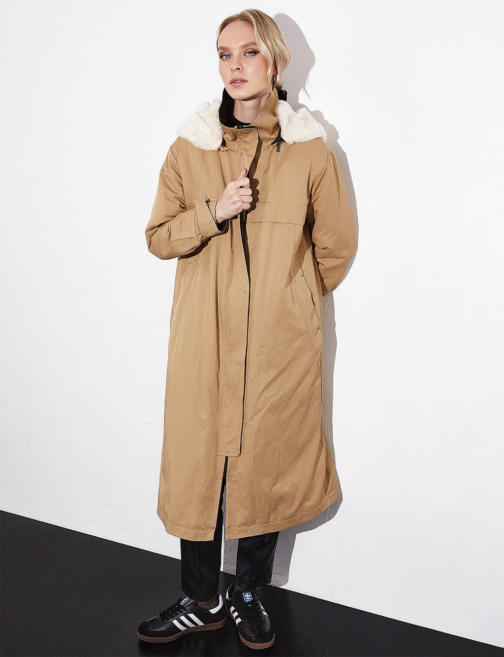 Furry Hooded Puffer Coat Beige