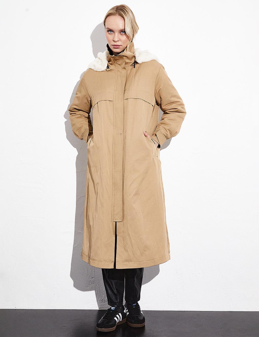 Furry Hooded Puffer Coat Beige