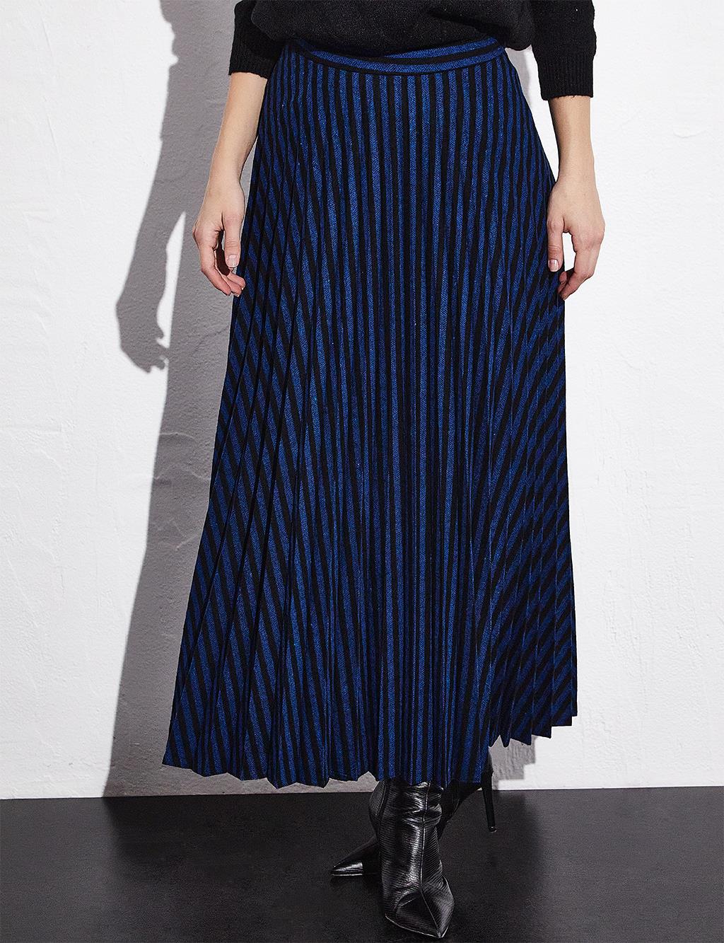 Striped Pleated Skirt Black Navy Blue