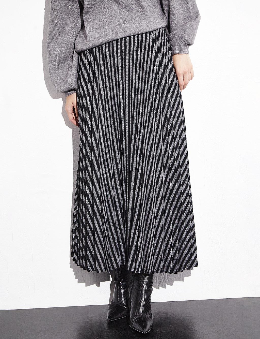 Striped Pleated Skirt Black Optical White