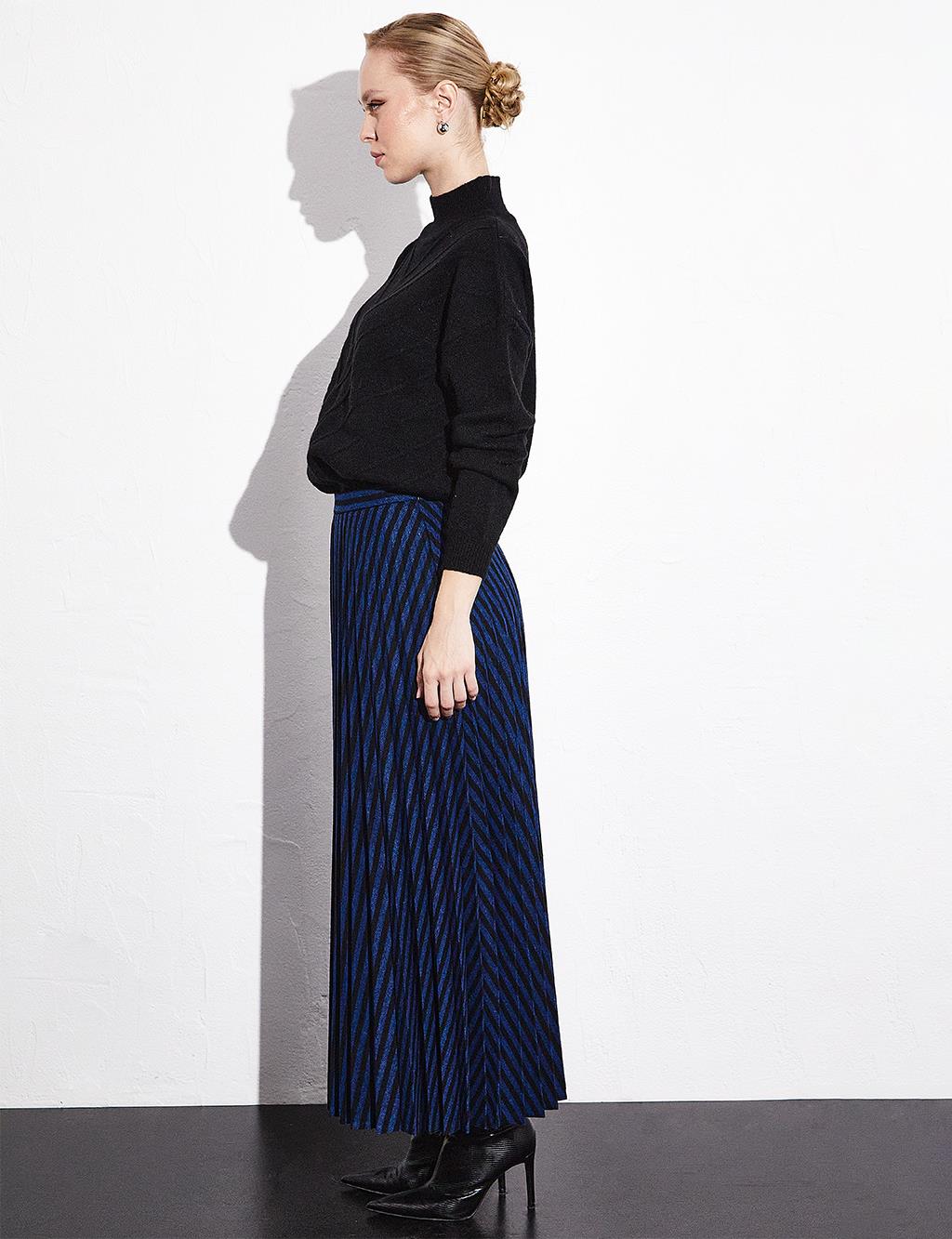 Striped Pleated Skirt Black Navy Blue