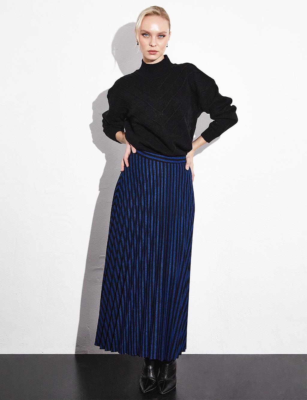 Striped Pleated Skirt Black Navy Blue