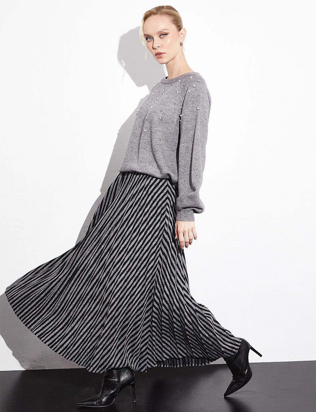 Striped Pleated Skirt Black Optical White