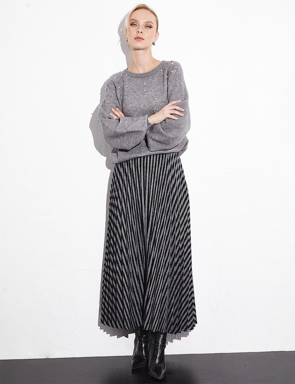 Striped Pleated Skirt Black Optical White