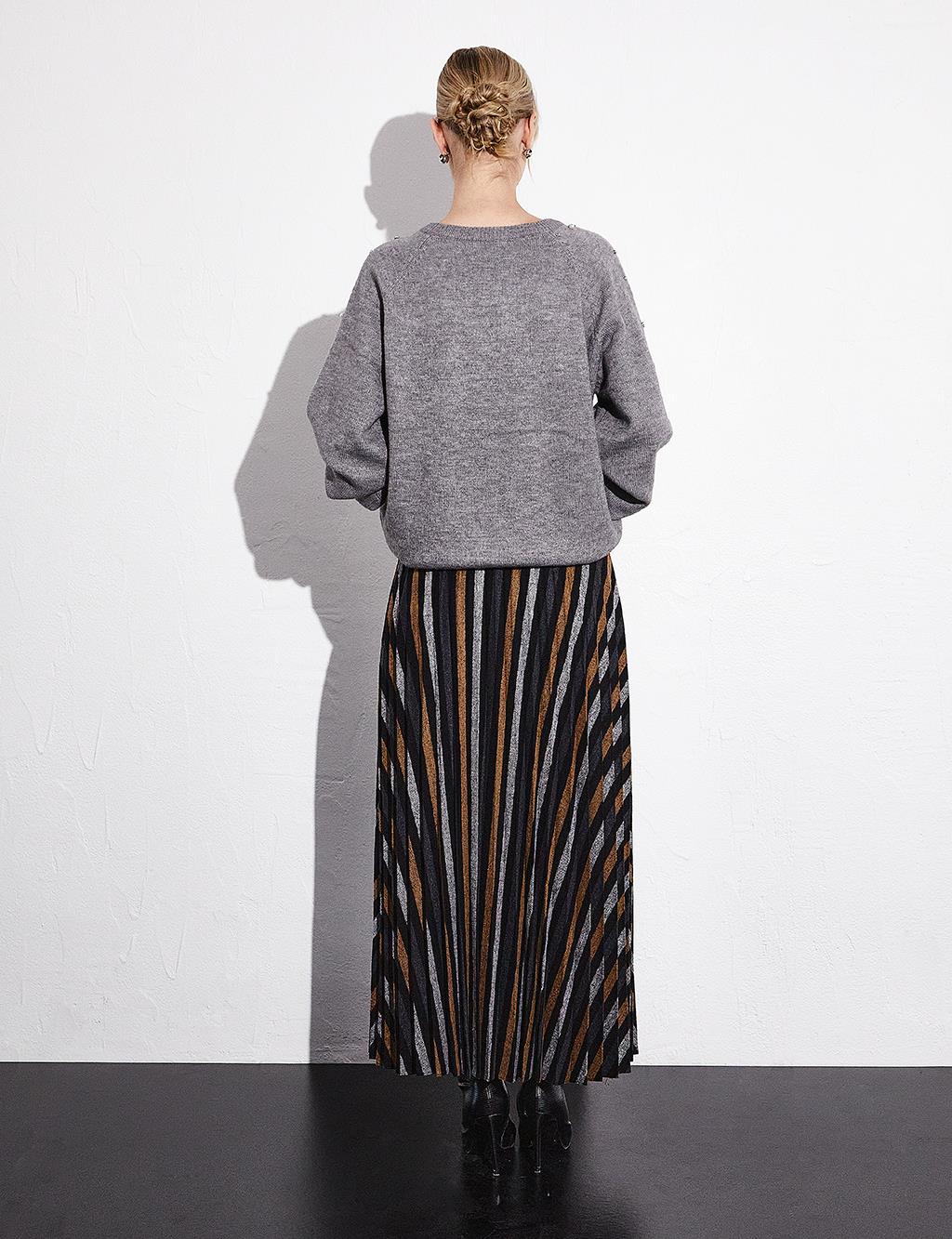 Striped Pleated Skirt Black Brown