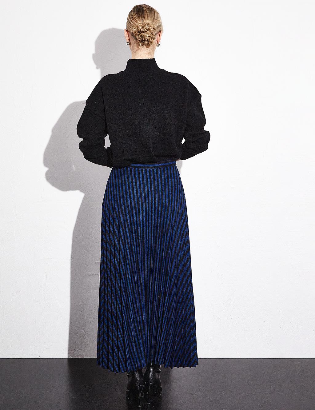 Striped Pleated Skirt Black Navy Blue