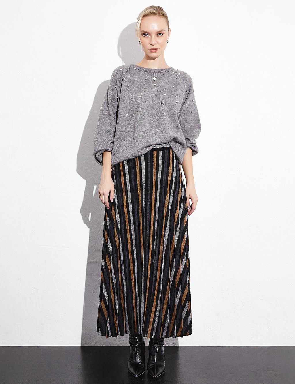 Striped Pleated Skirt Black Brown