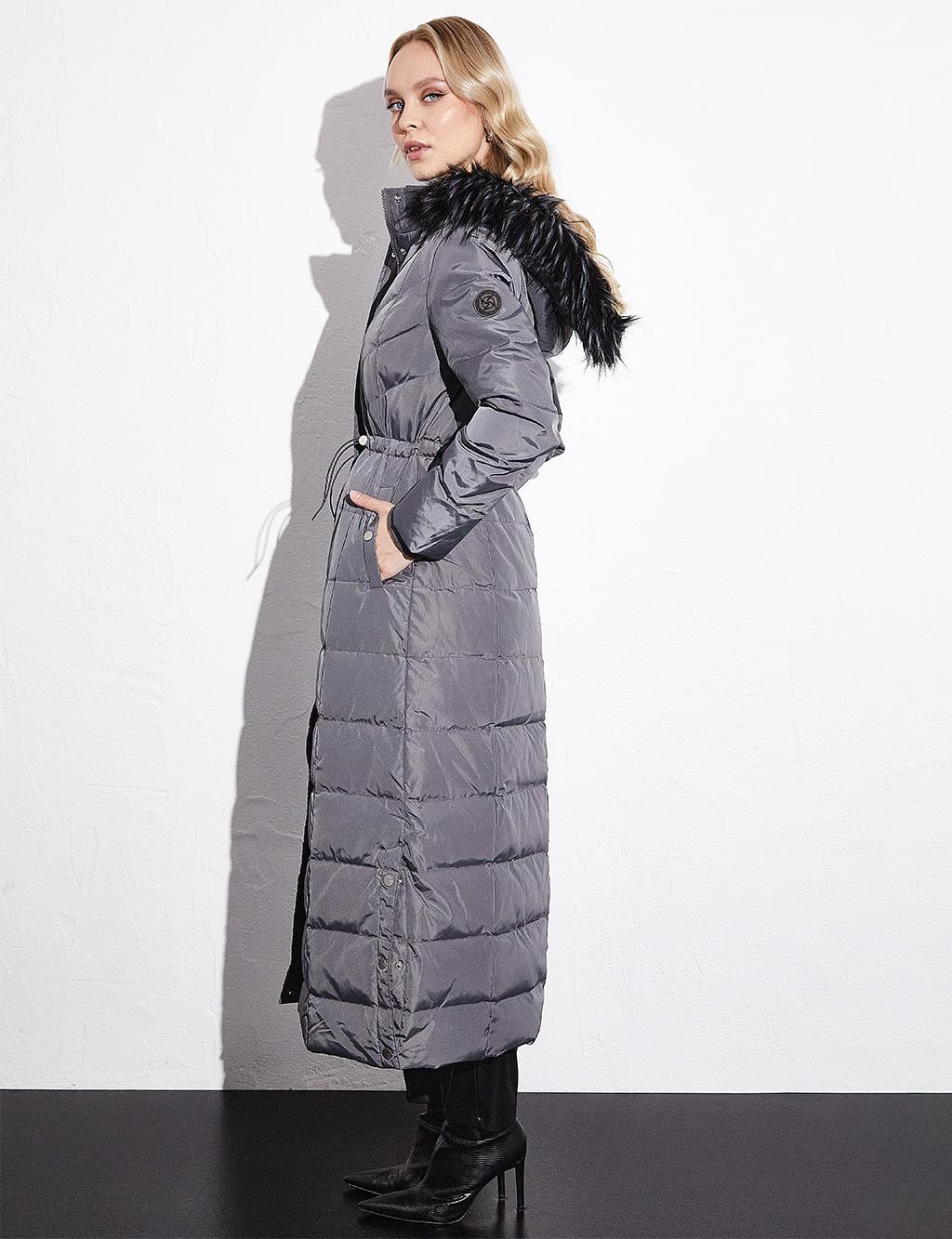 Quilted Goose Feather Hooded Fur Coat Smoked