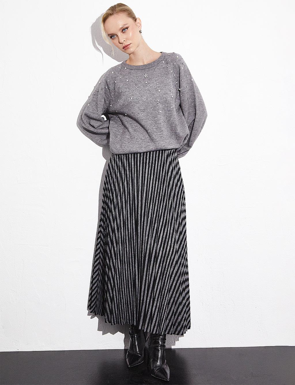 Striped Pleated Skirt Black Optical White