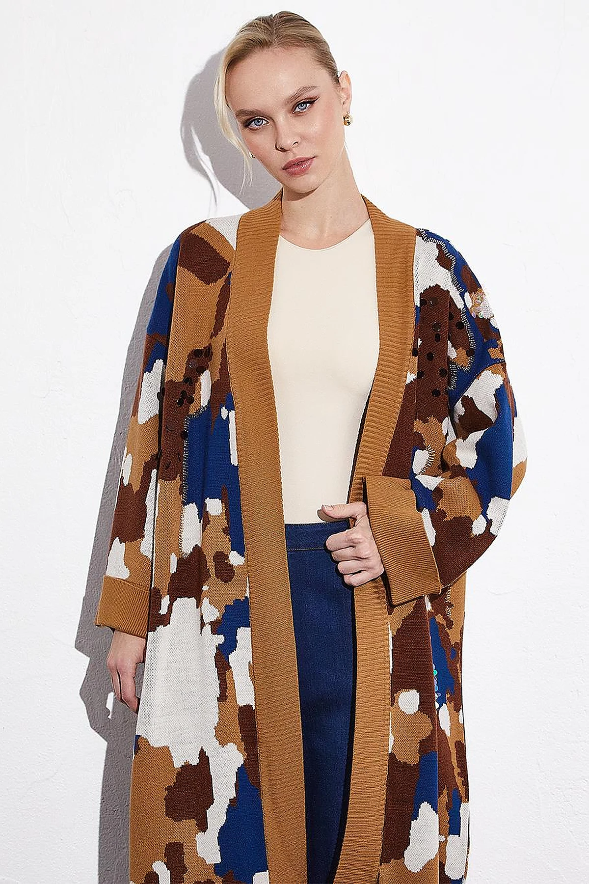 Color Block Desenli Triko Hırka Camel