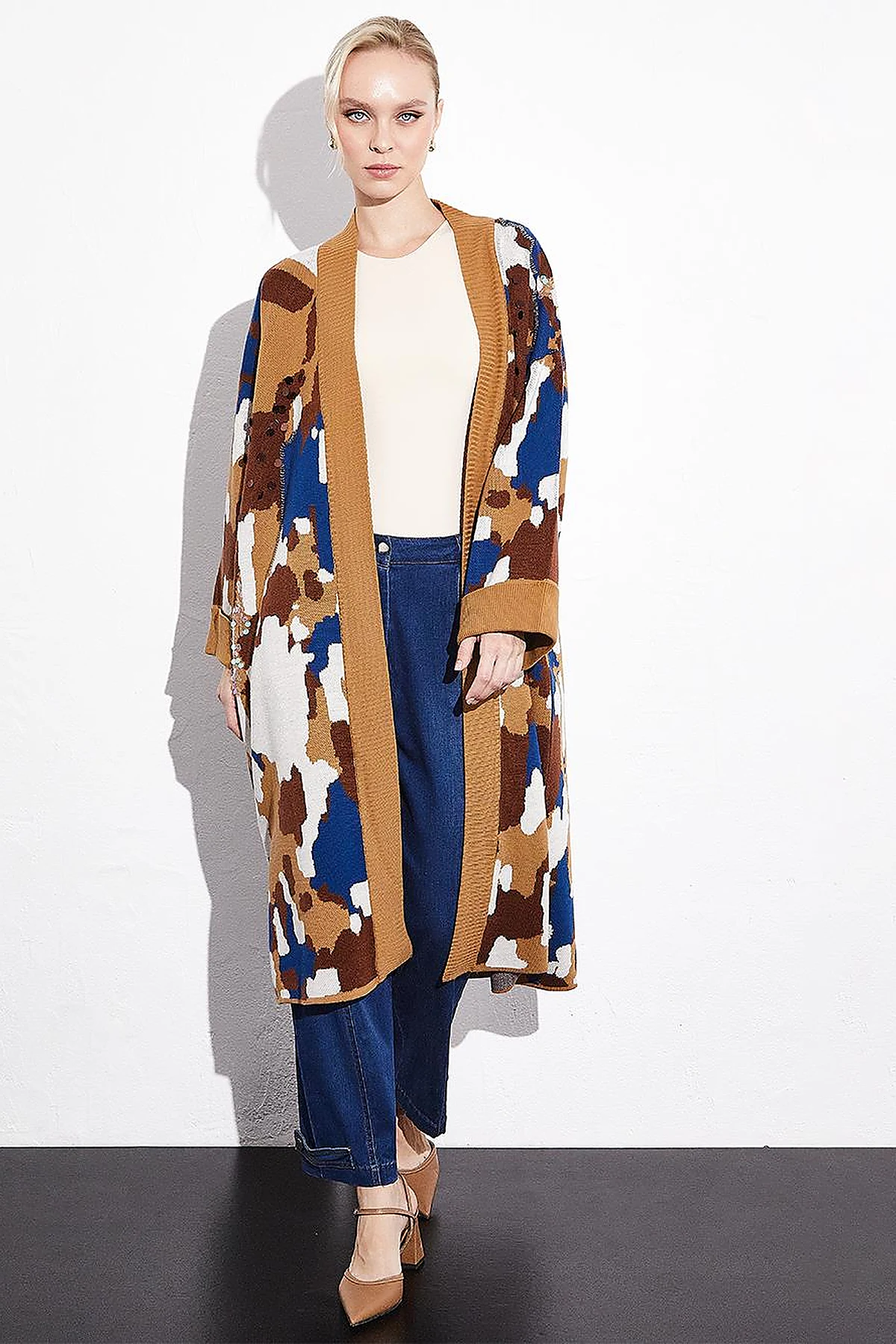 Color Block Desenli Triko Hırka Camel