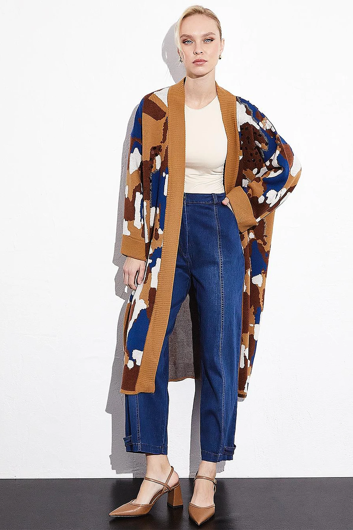 Color Block Desenli Triko Hırka Camel