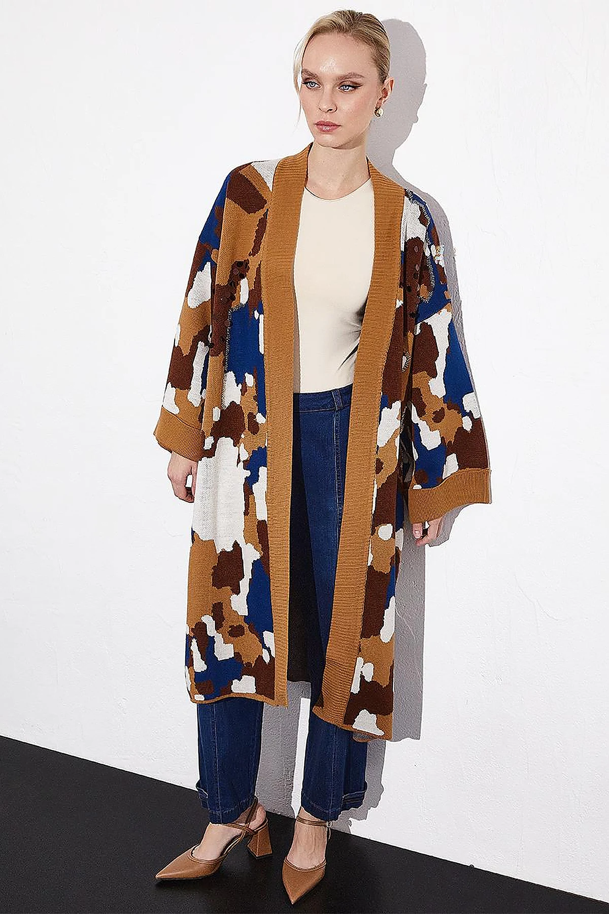Color Block Desenli Triko Hırka Camel
