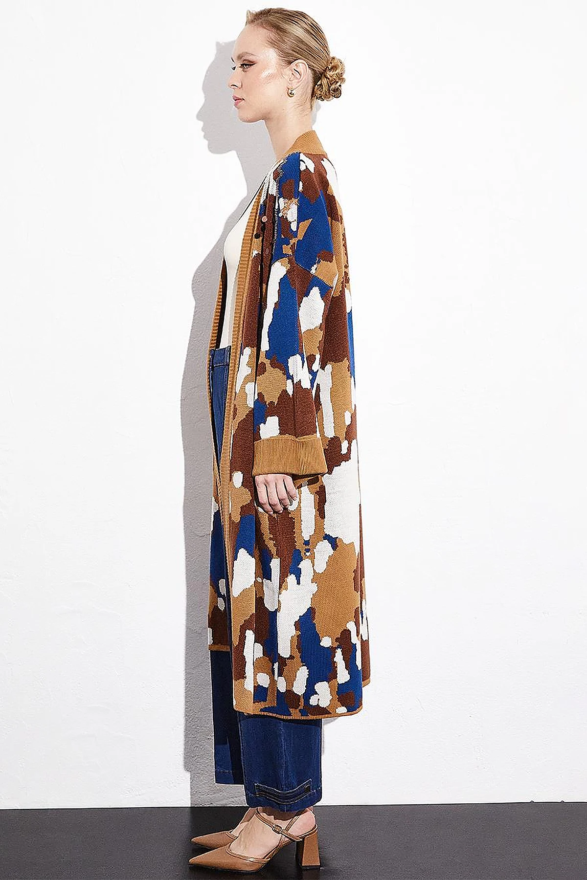Color Block Desenli Triko Hırka Camel