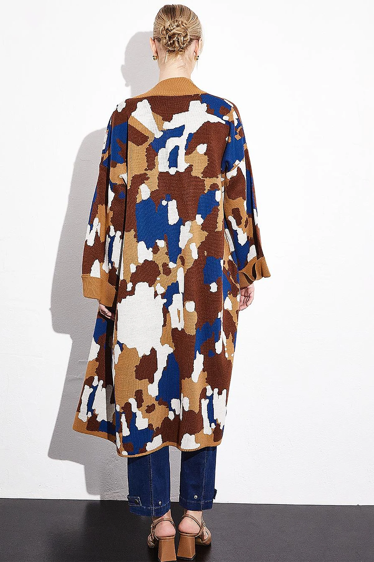 Color Block Desenli Triko Hırka Camel